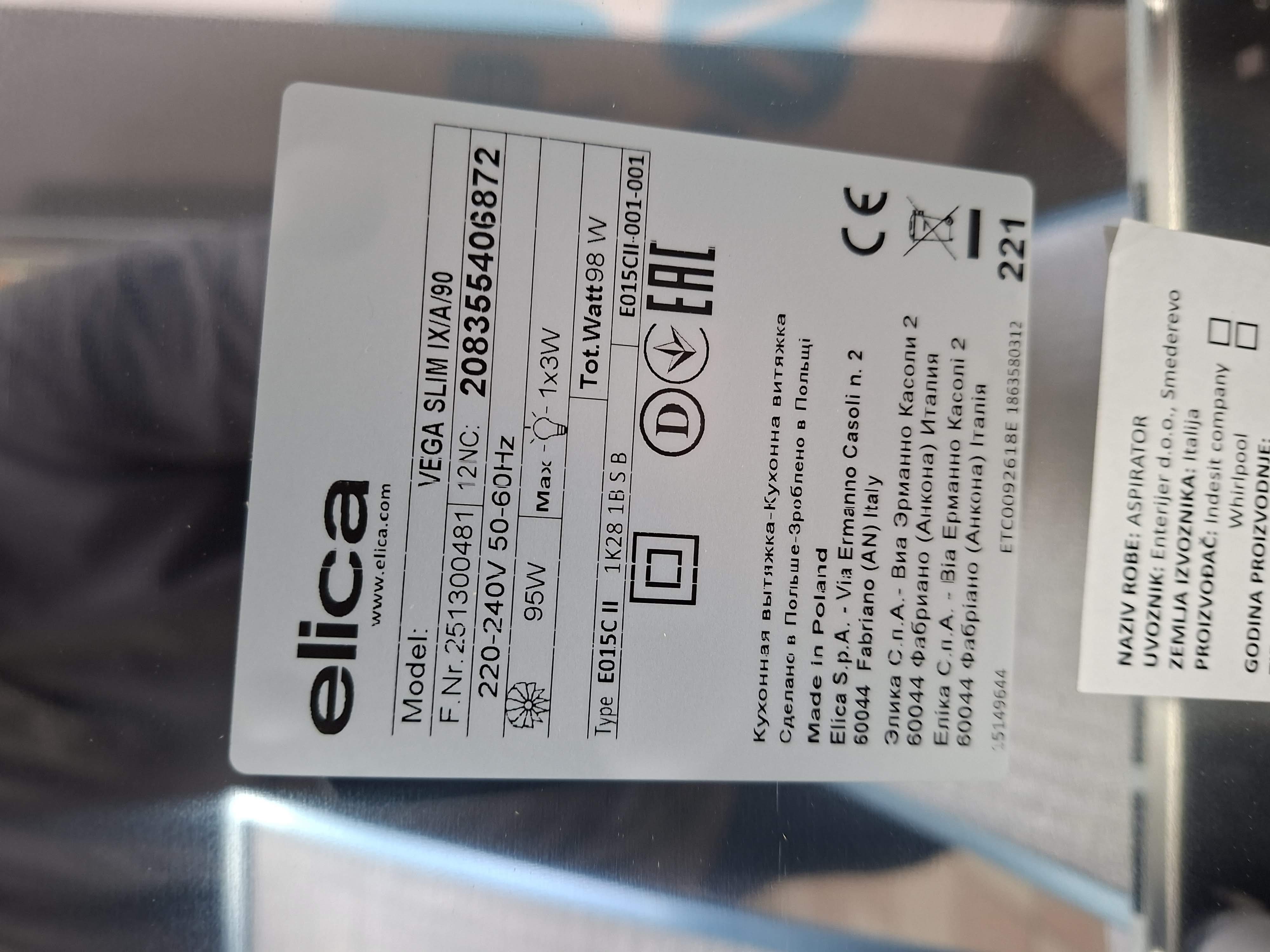 Aspirator Elica Vega Slim IX/A/90, 90cm