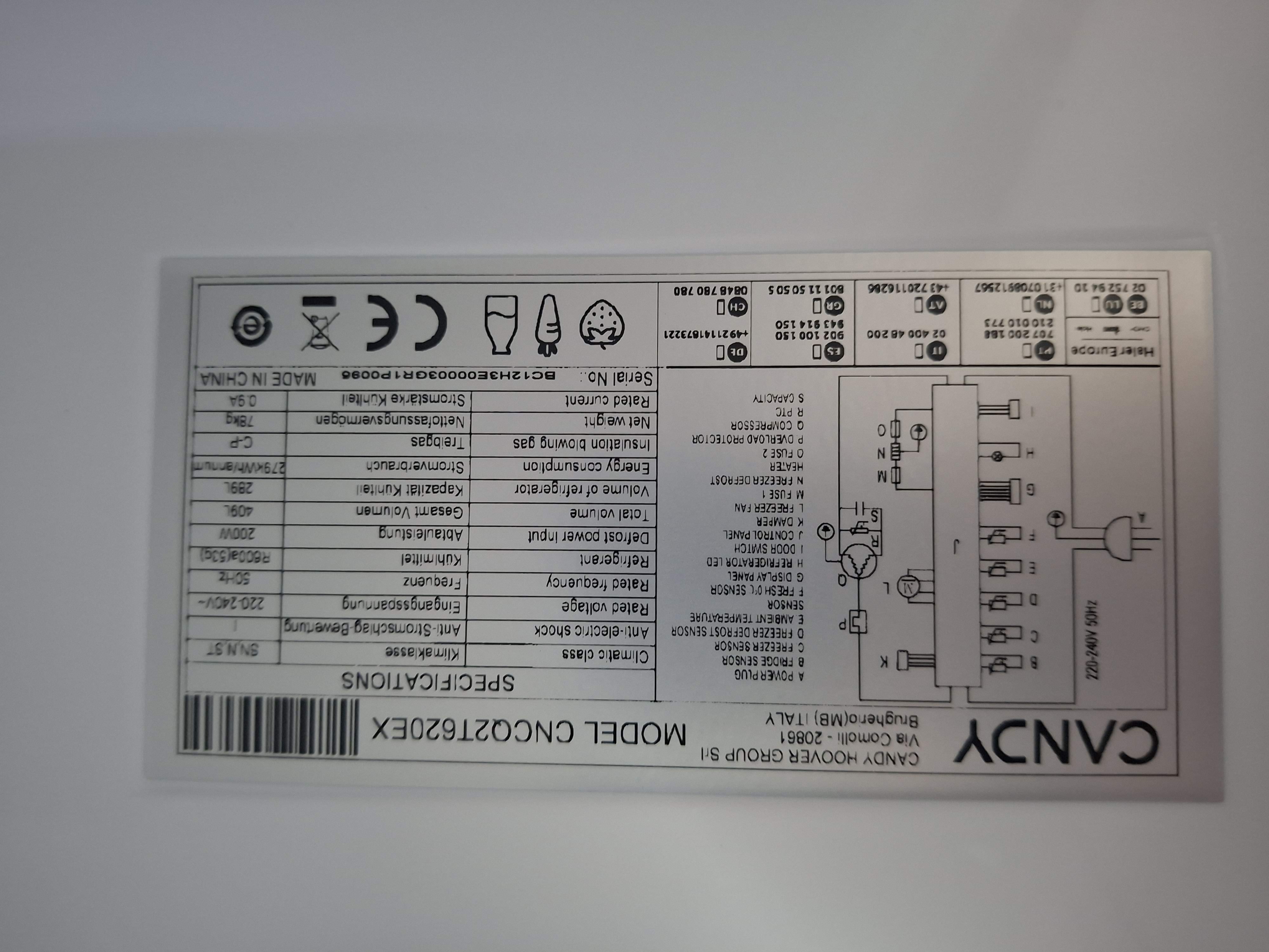 Frižider Candy CNCQ2T620EX , 205 cm.