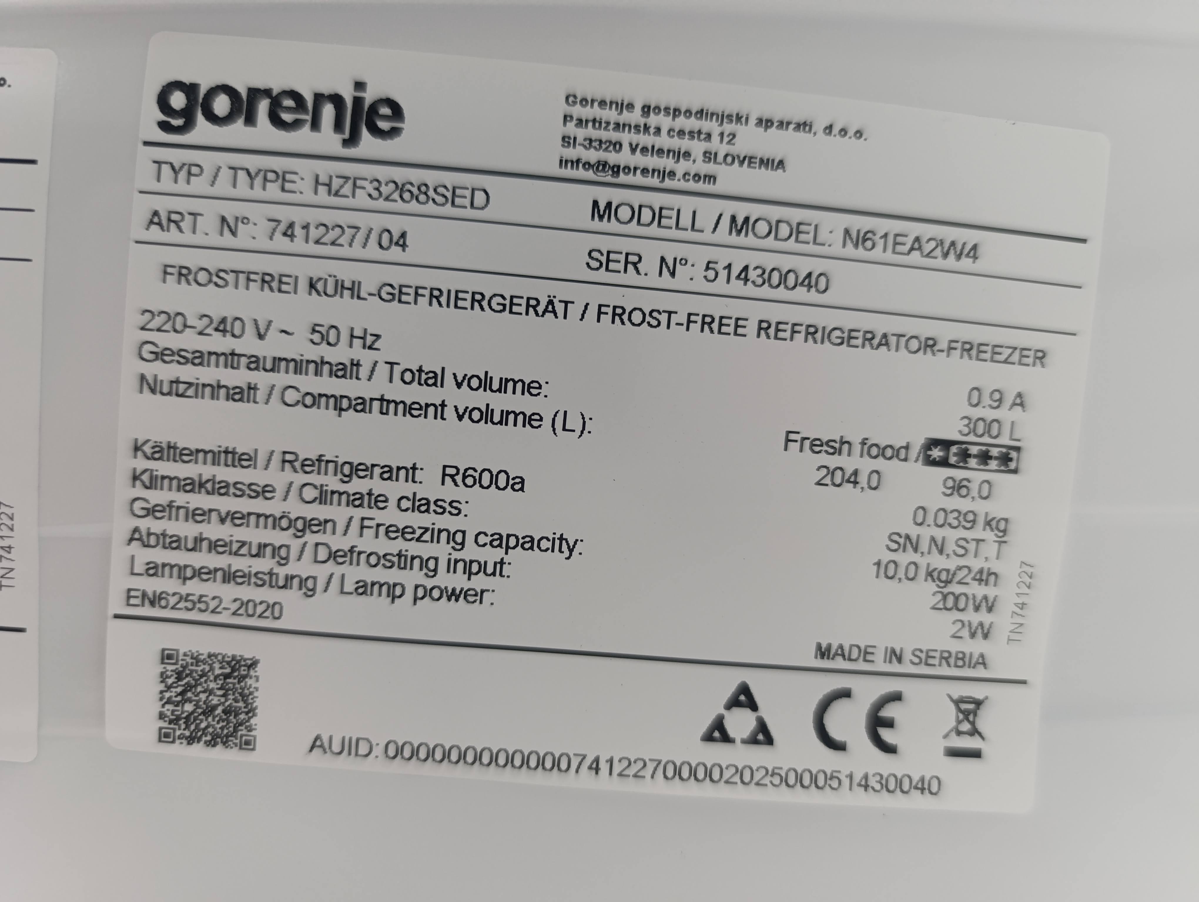 Frižider Gorenje N61EAW4 , 185cm.