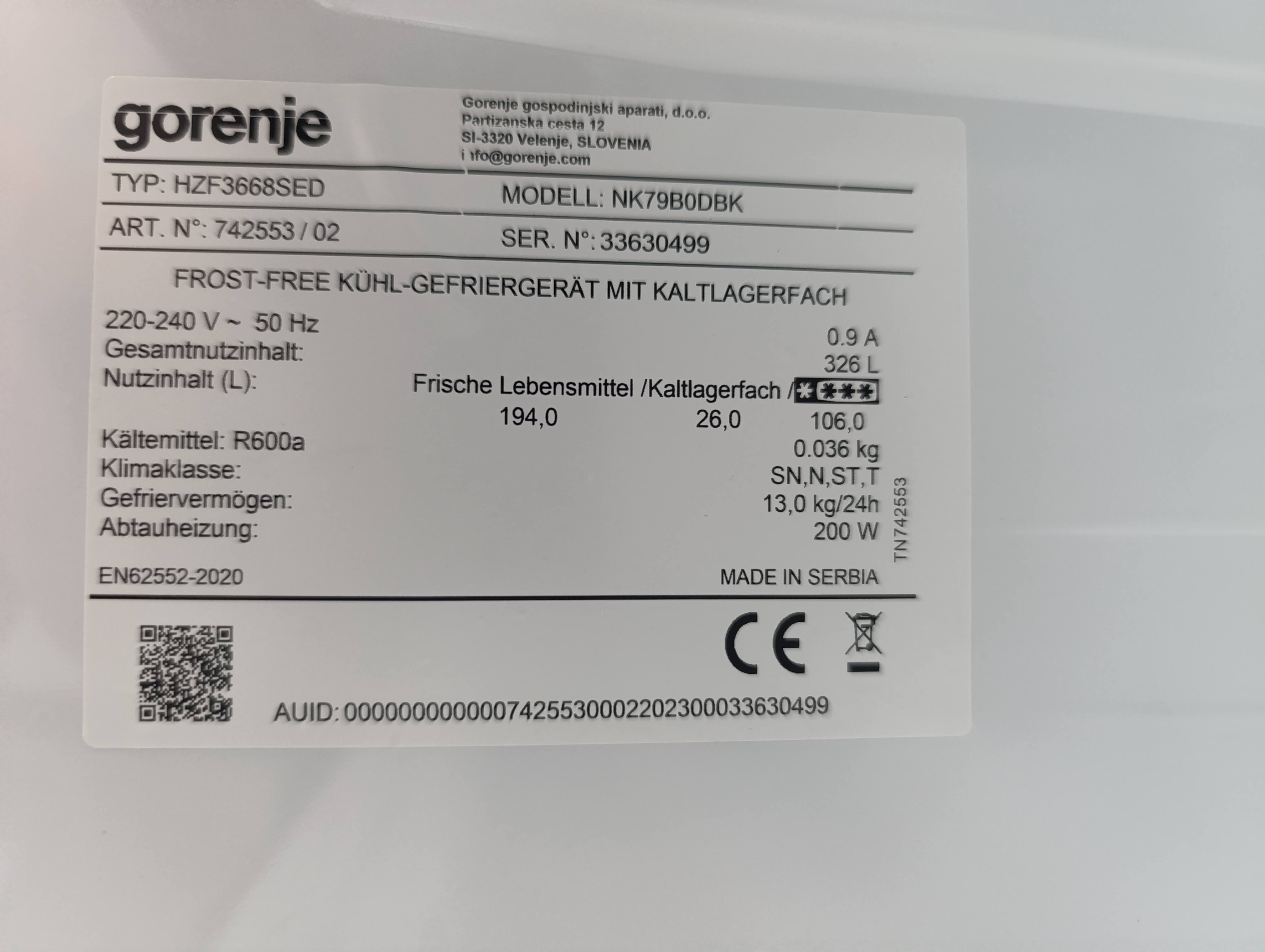 Frižider Gorenje NK79B0DBK, 185cm.