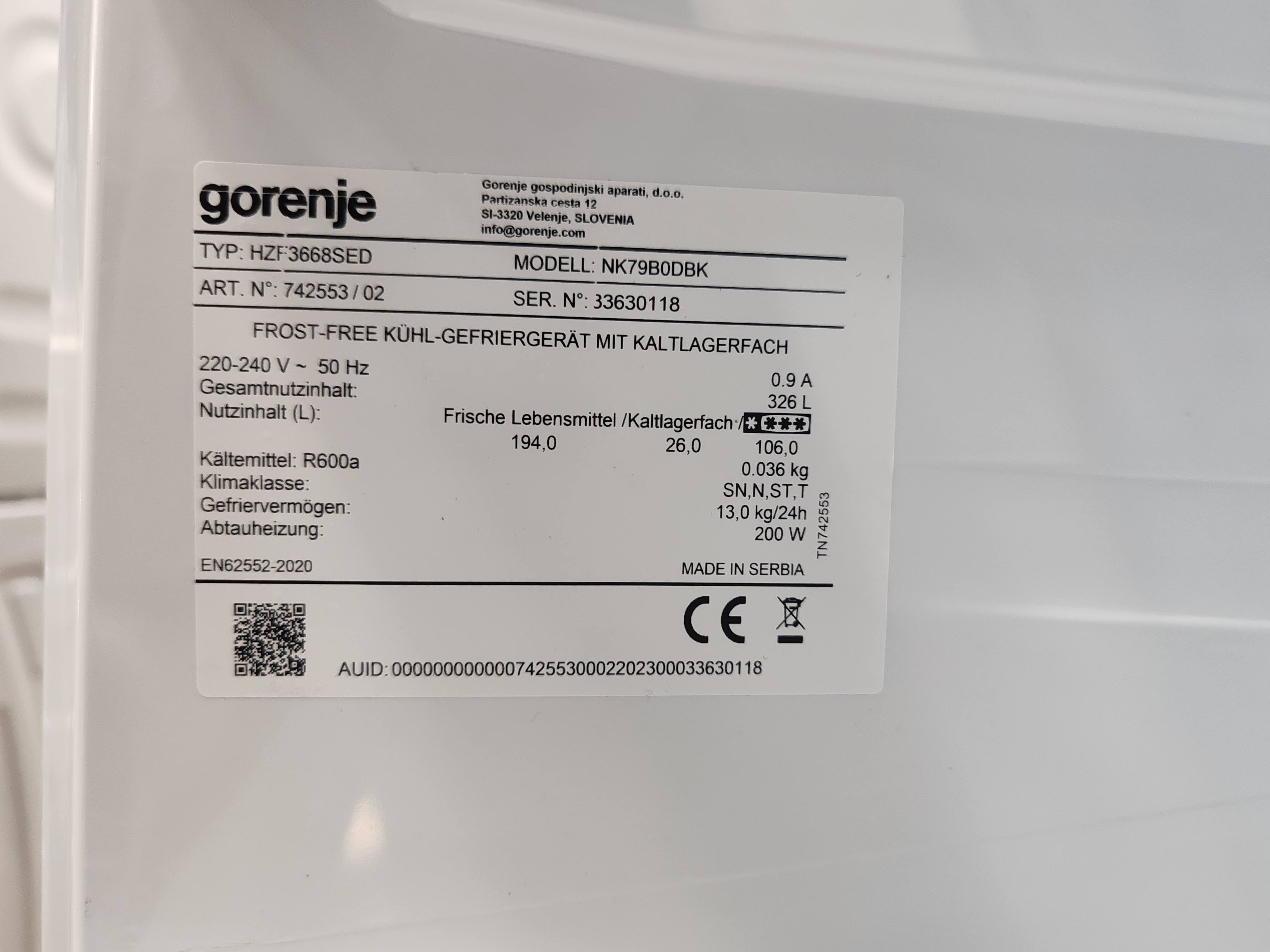 Frižider Gorenje NK79B0DBK, 185cm.