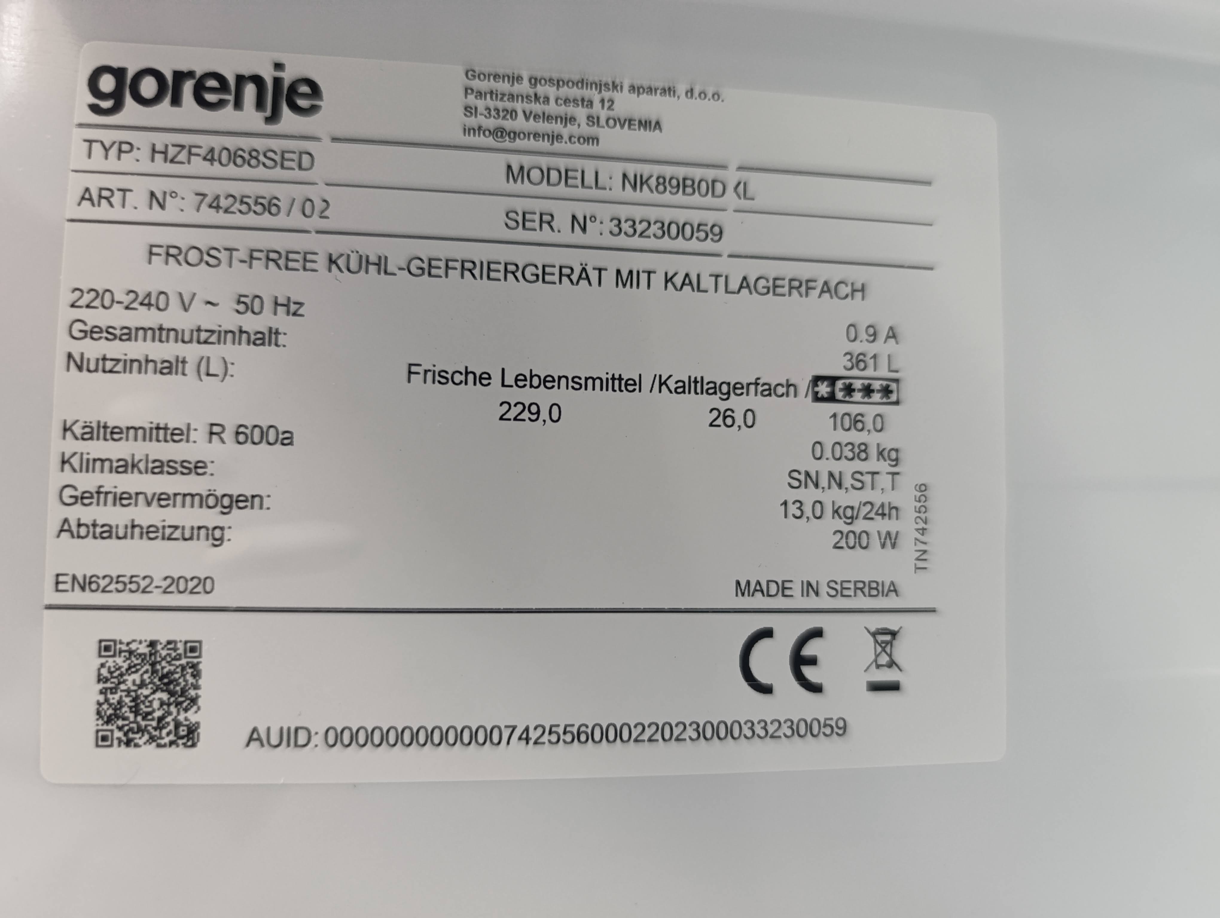 Frižider Gorenje NK89B0DXL , 200 cm.