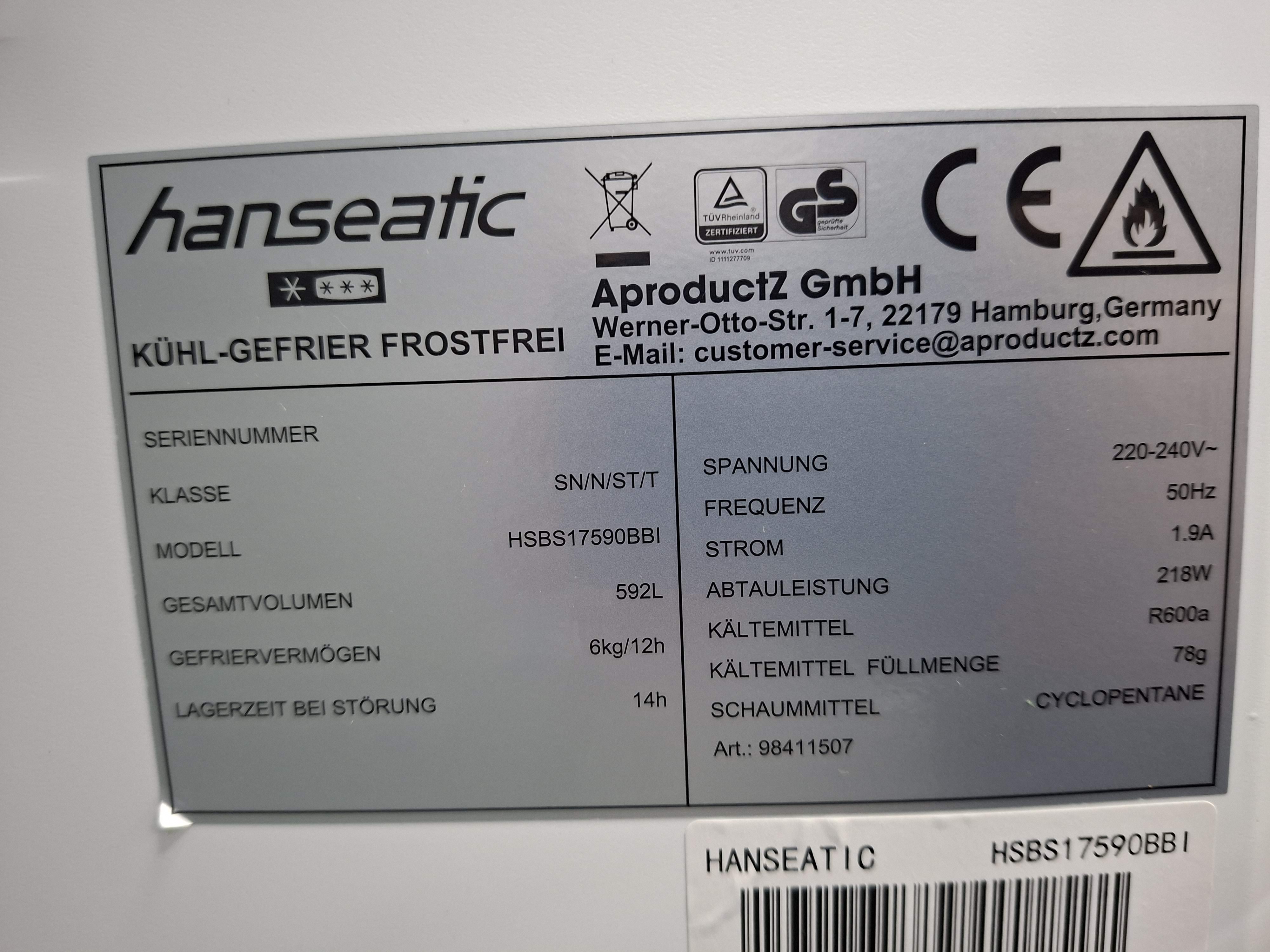 Frižider Hanseatic HSBS17590BBI, Side by Side