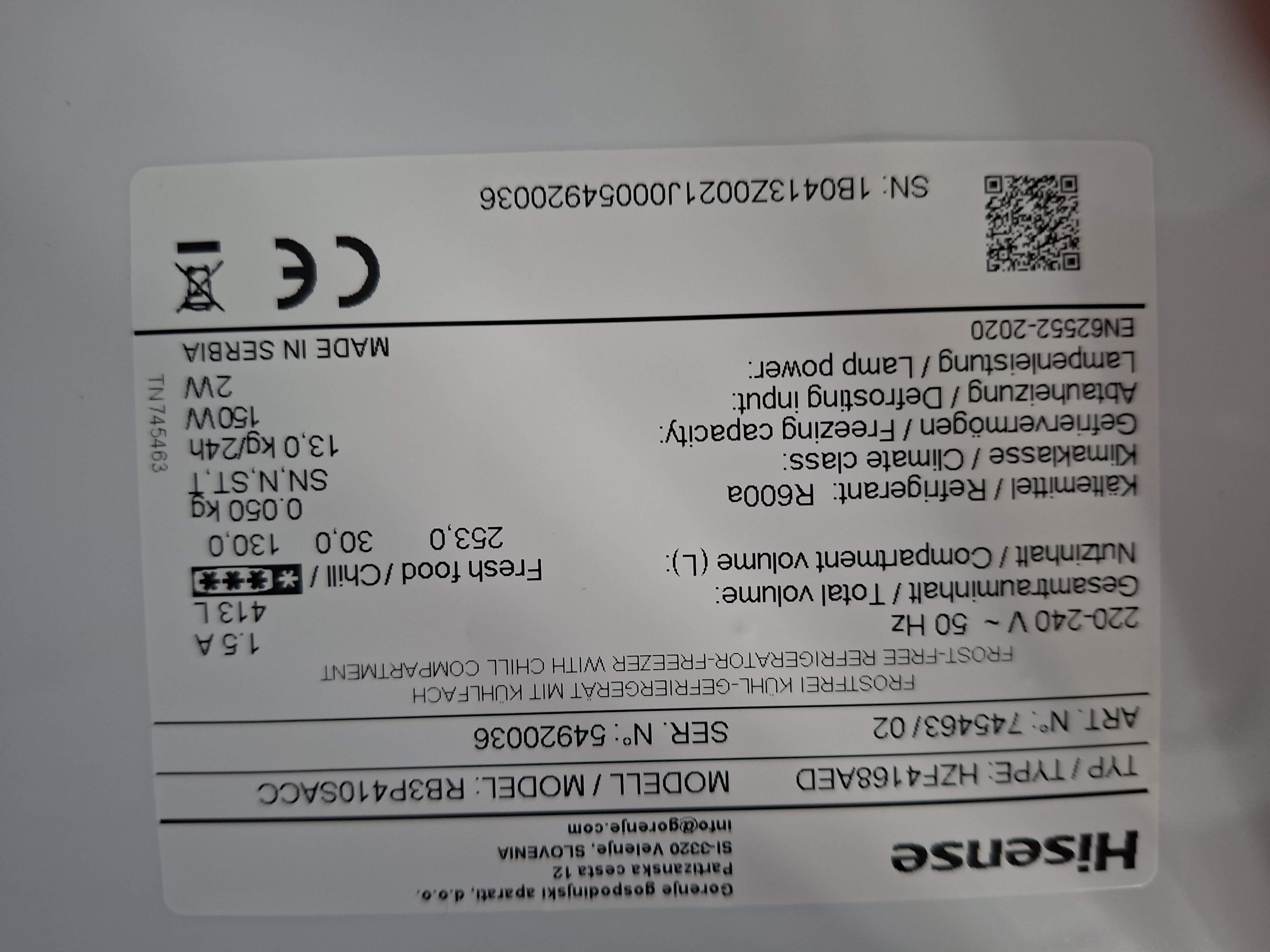 Frižider Hisense RB3P410SACC , 203 cm.