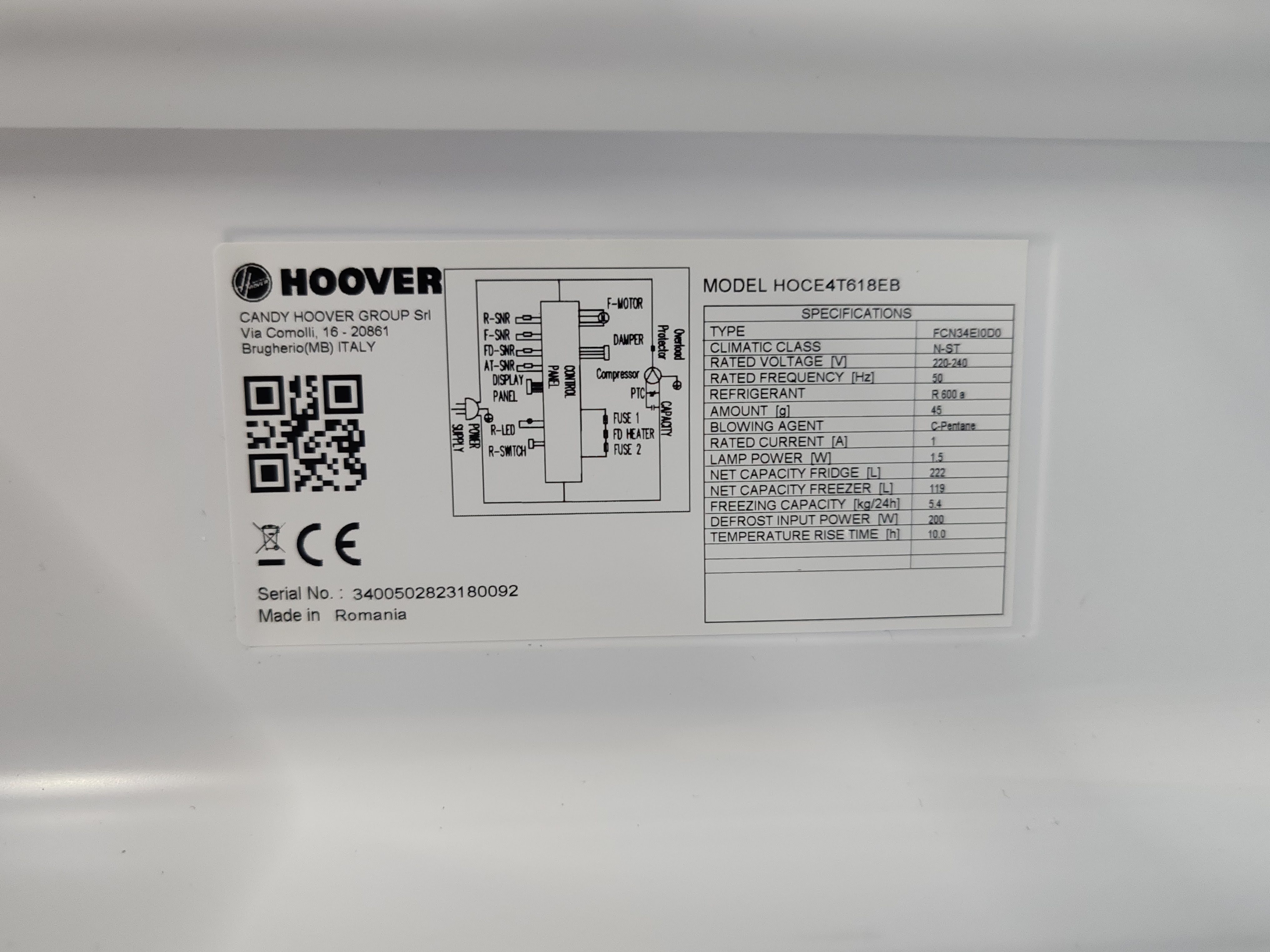 Frižider Hoover HOCE4T618EB, 185 cm.