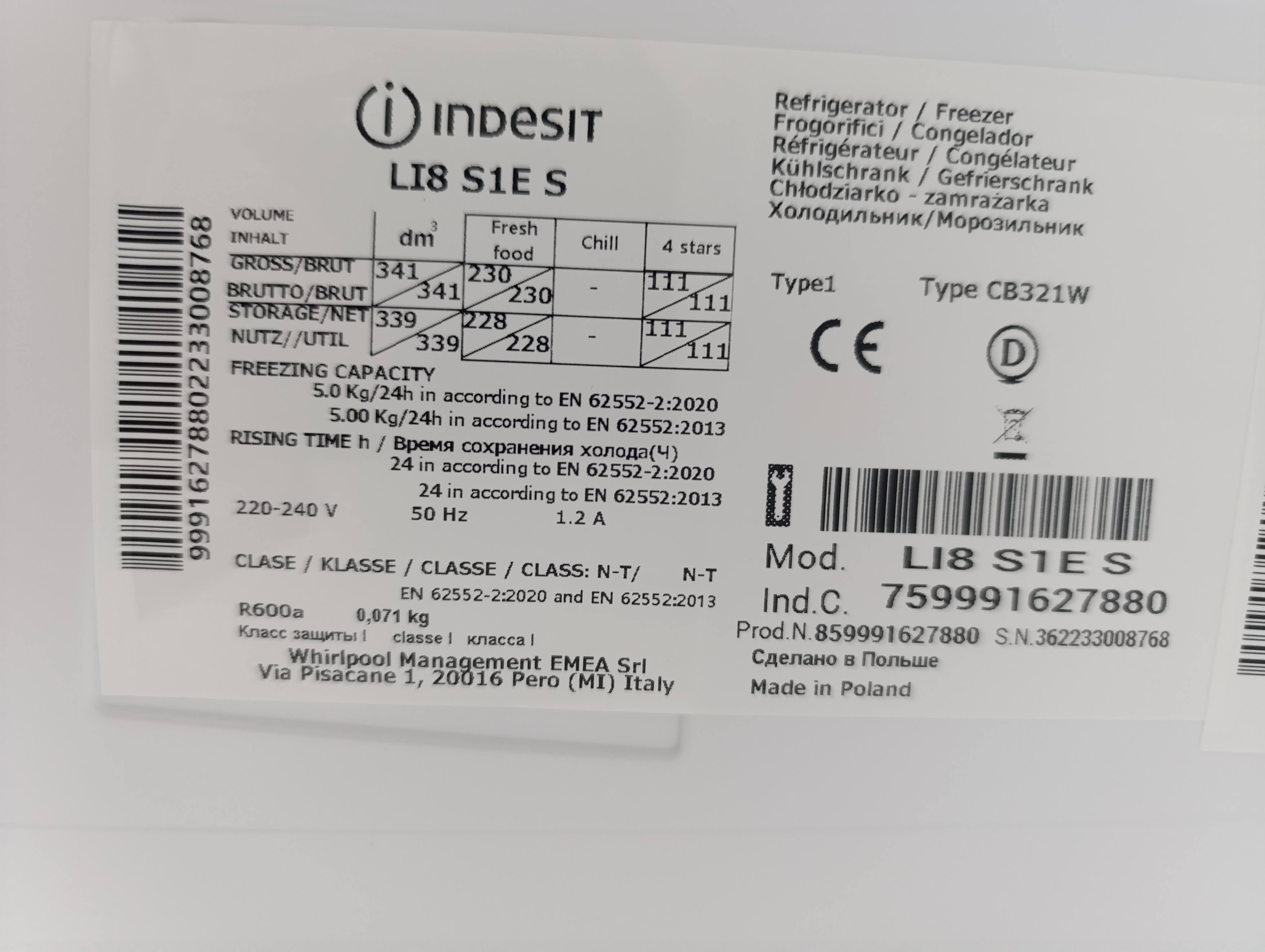 Frižider Indesit LI8 S1E S, 189 cm
