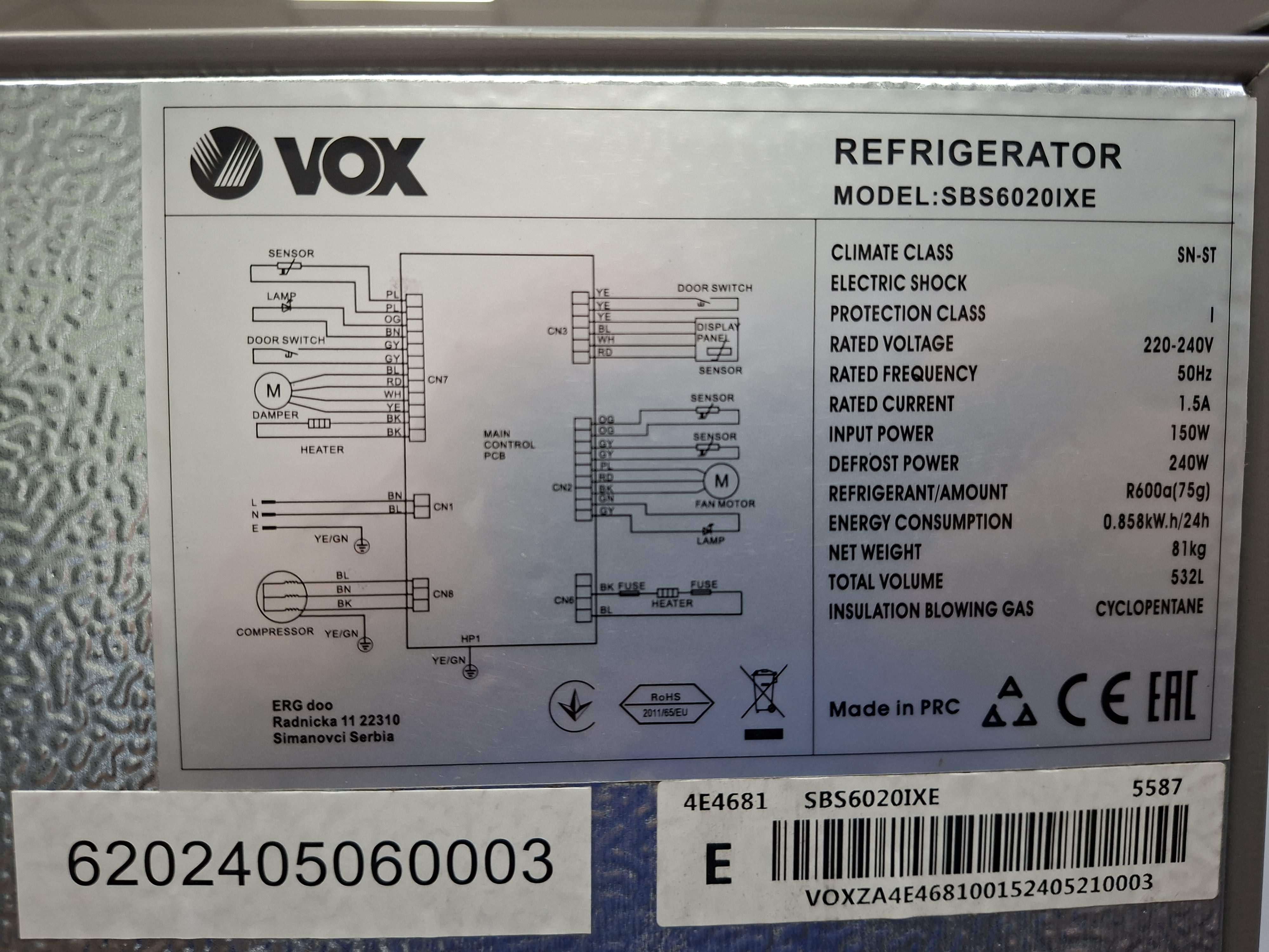 Frižider Side by Side Vox SBS6020IXE , 177 cm.