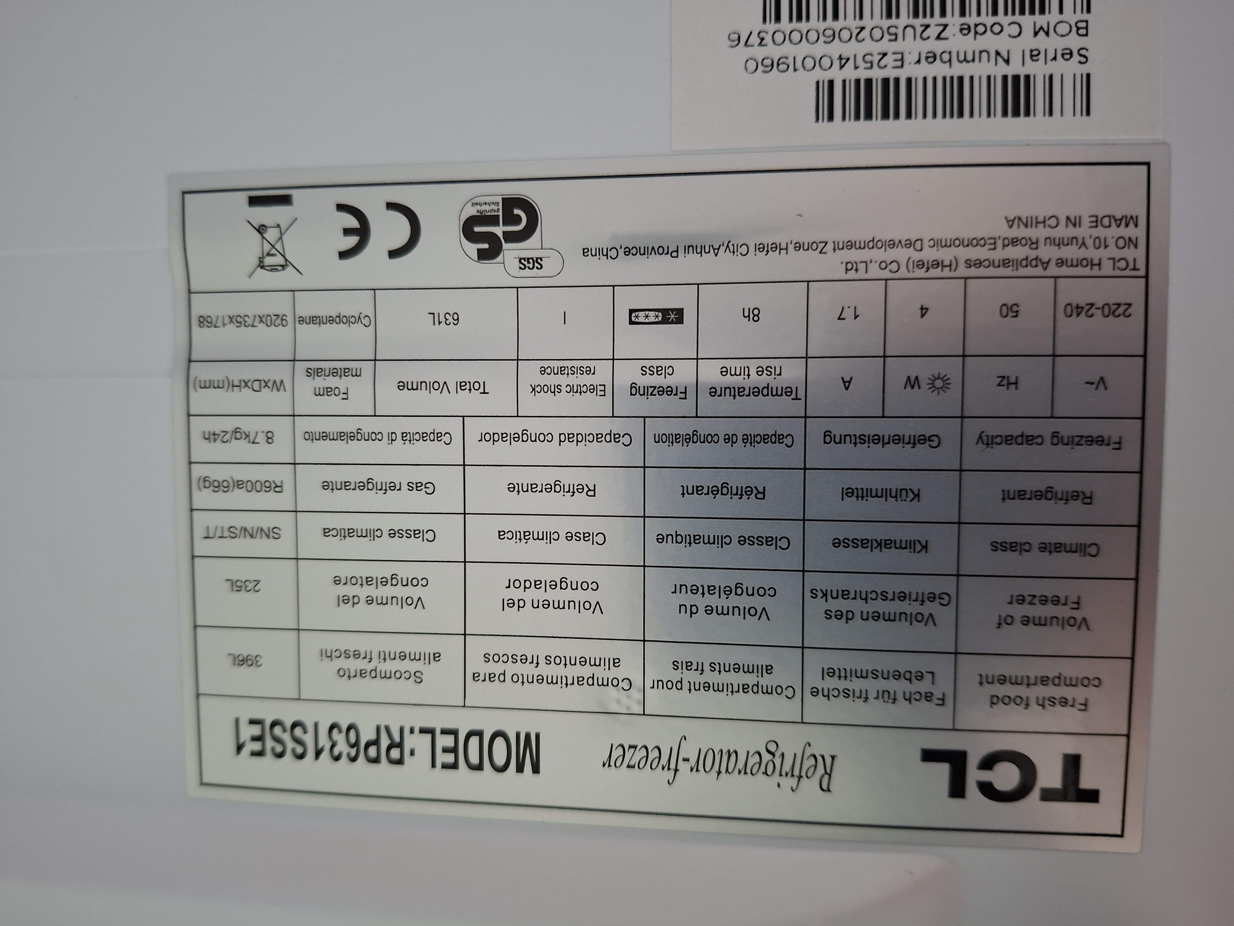 Frižider TCL RP631SSE1, Side by Side