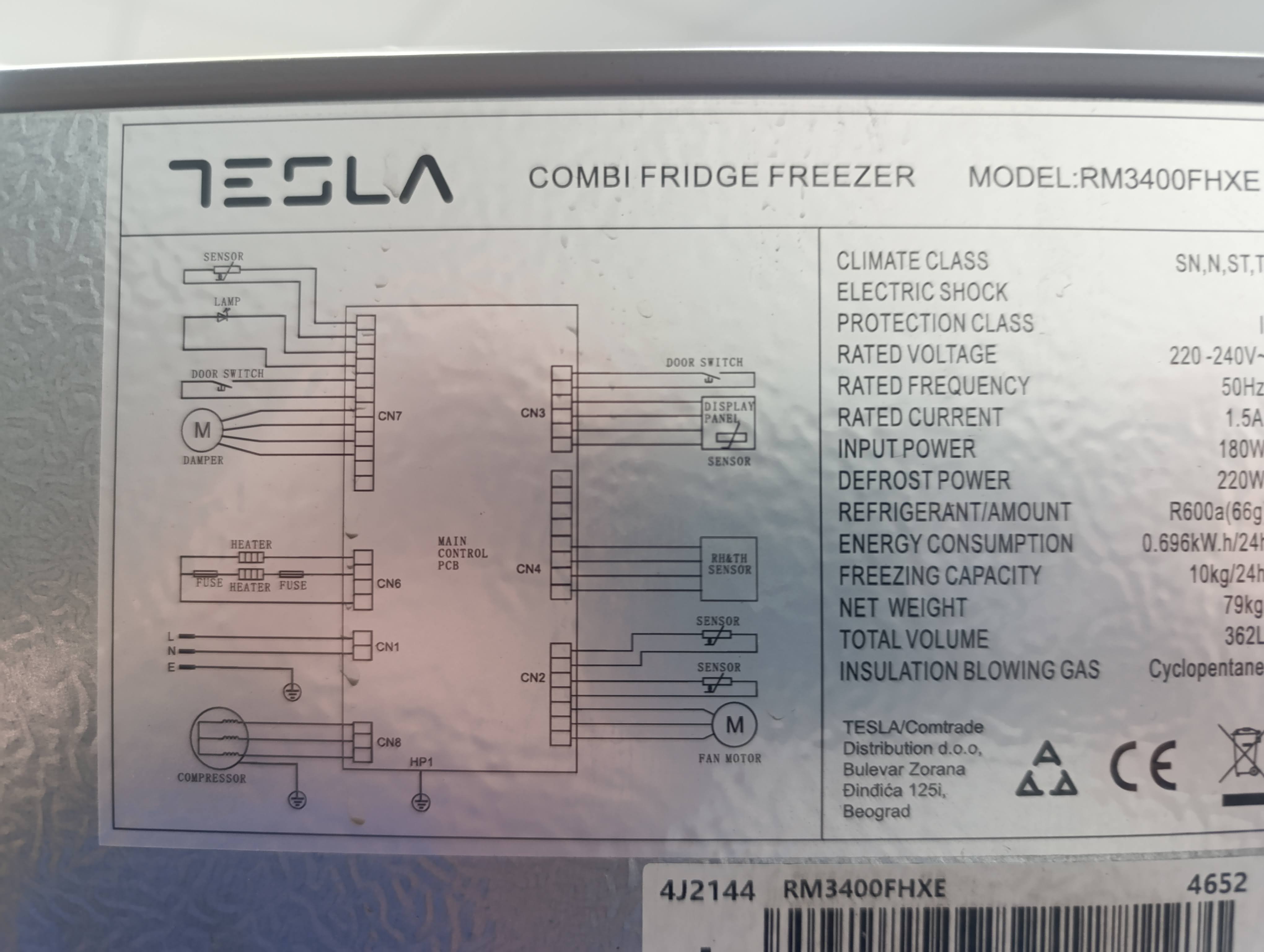 Frižider Tesla RM3400FHXE , 180 cm.