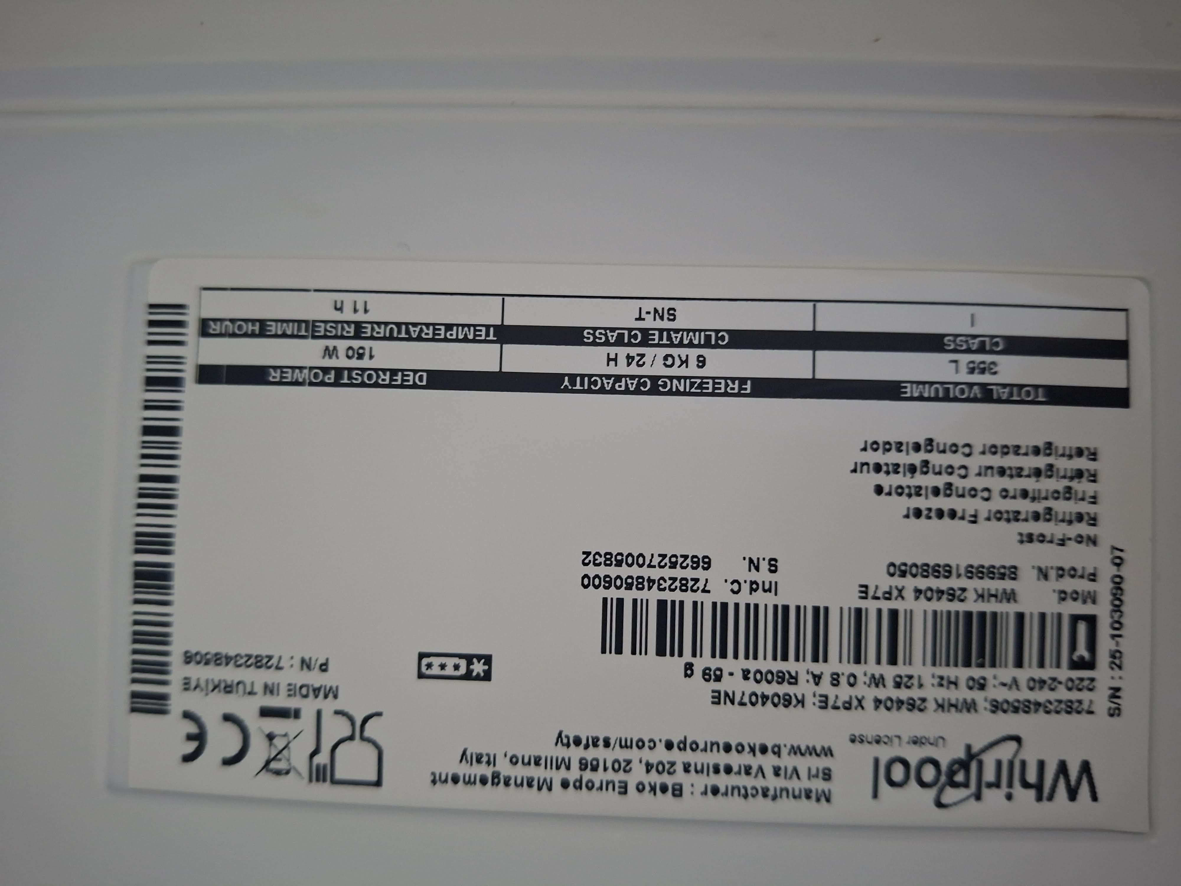 Frižider Whirlpool WHK 26404 XP7E , 203 cm.