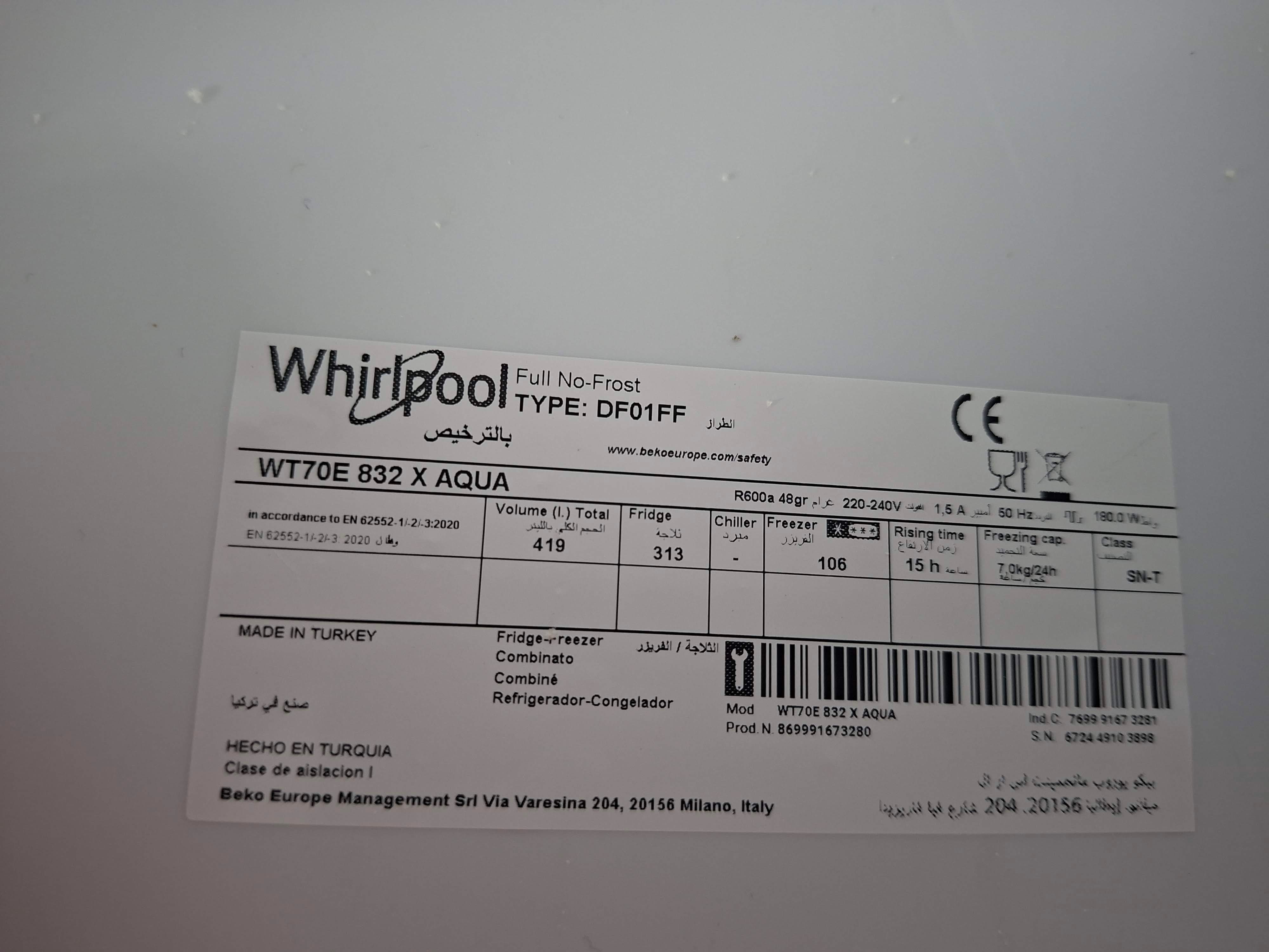 Frižider Whirlpool WT70E 832 X AQUA , 70 cm.