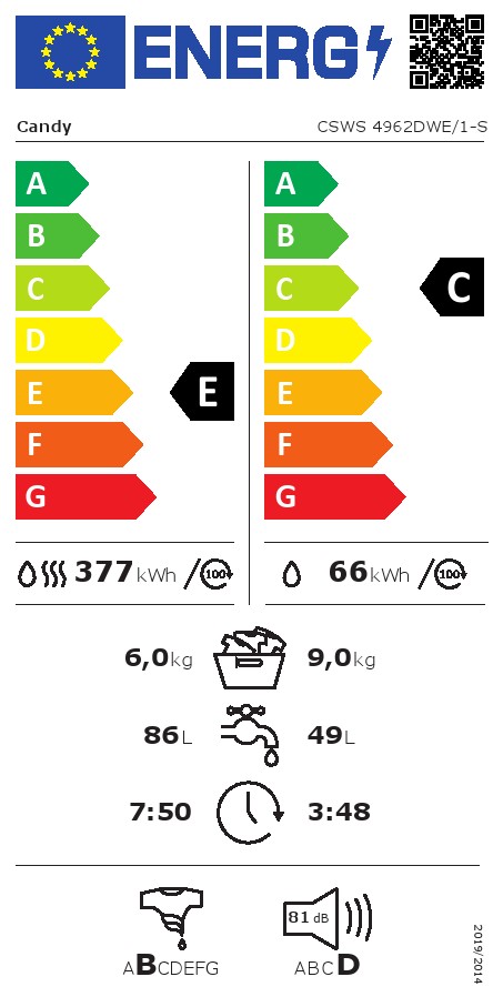 Mašina za pranje i sušenje Candy CSWS 4962DWE/1-S, 9+6 kg