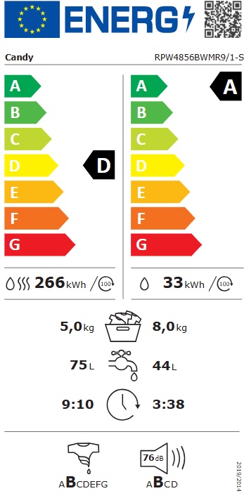 Mašina za pranje i sušenje Candy RPW4856BWMR/1-S, 8+5 kg.