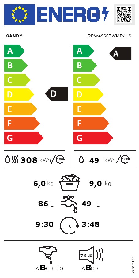 Mašina za pranje i sušenje Candy RPW4966BWMR/1-S, 9+6 kg.