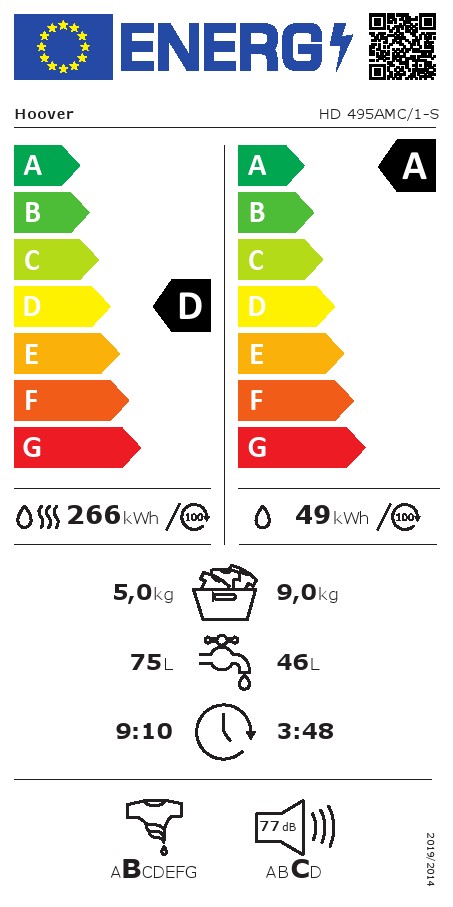 Mašina za pranje i sušenje Hoover HD 495AMC/1-S , 9+5 kg.