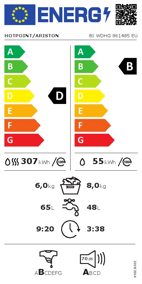 Mašina za pranje i sušenje Hotpoint  Ariston BI WDHG 861485 EU , 8+6 kg.