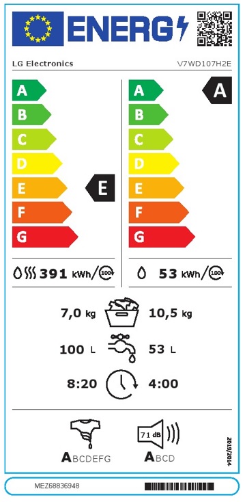 Mašina za pranje i sušenje LG V7WD107H2E , 10.5+7 kg.