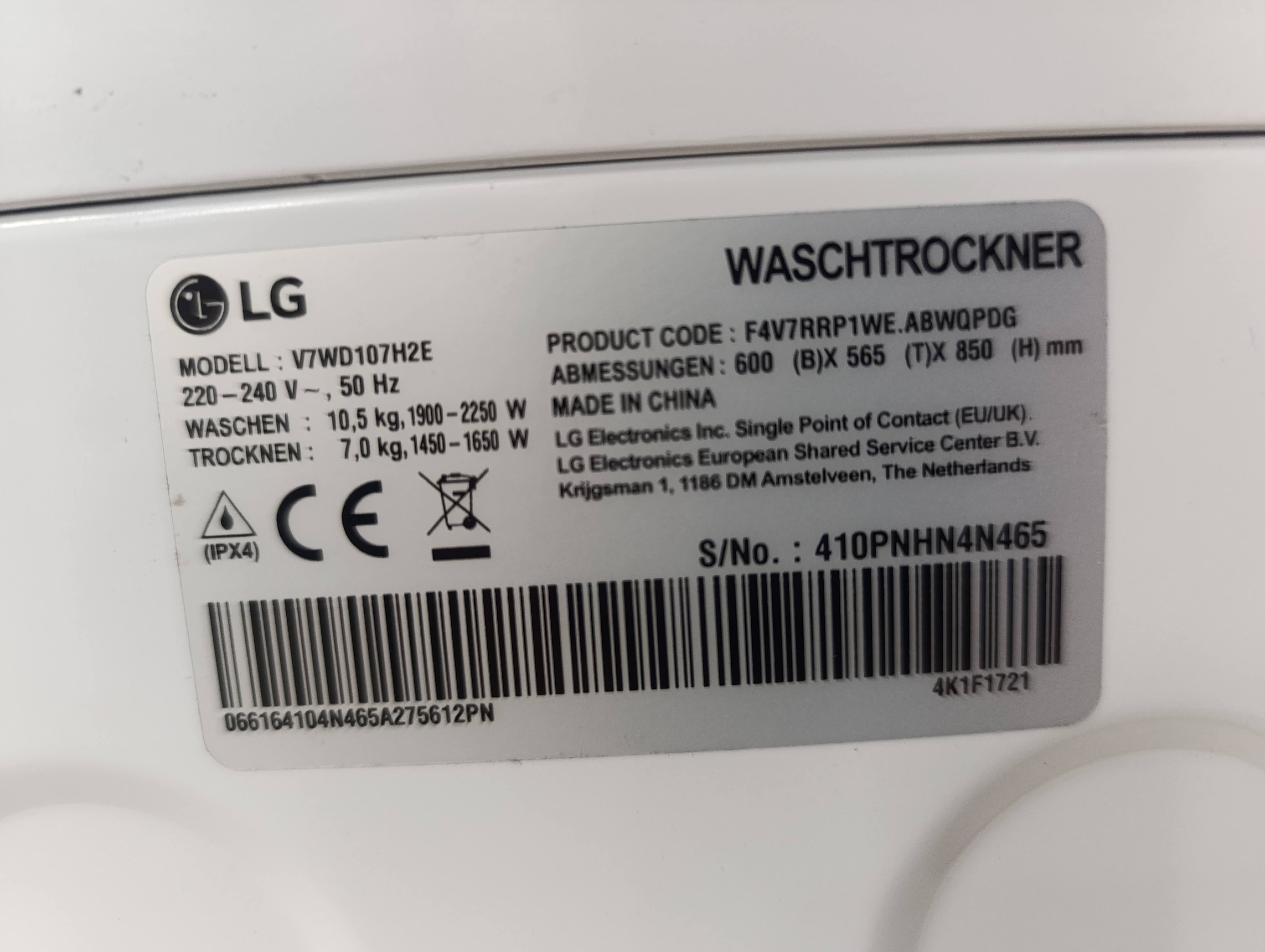 Mašina za pranje i sušenje LG V7WD107H2E , 10.5+7 kg.