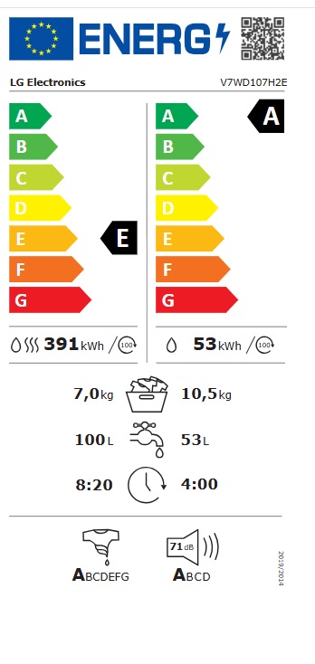 Mašina za pranje i sušenje LG V7WD107H2E , 10.5+7 kg.