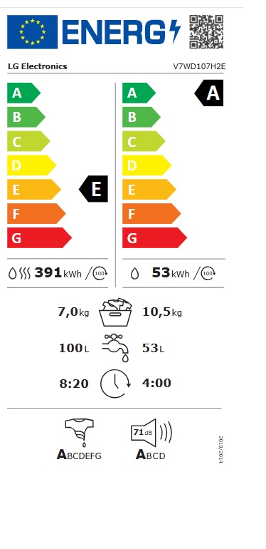Mašina za pranje i sušenje LG V7WD107H2E , 10.5+7 kg.