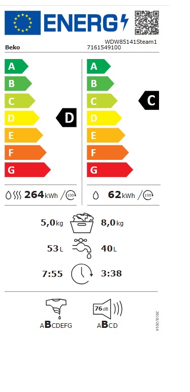 Masina za Pranje i sušenje veša Beko WDW85141Steam1 . 8+5 kg.