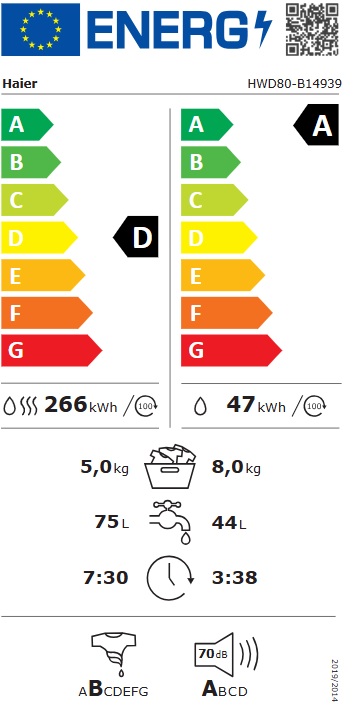 Mašina za Pranje i sušenje veša Haier HWD80-B14939, 8+5 kg.  