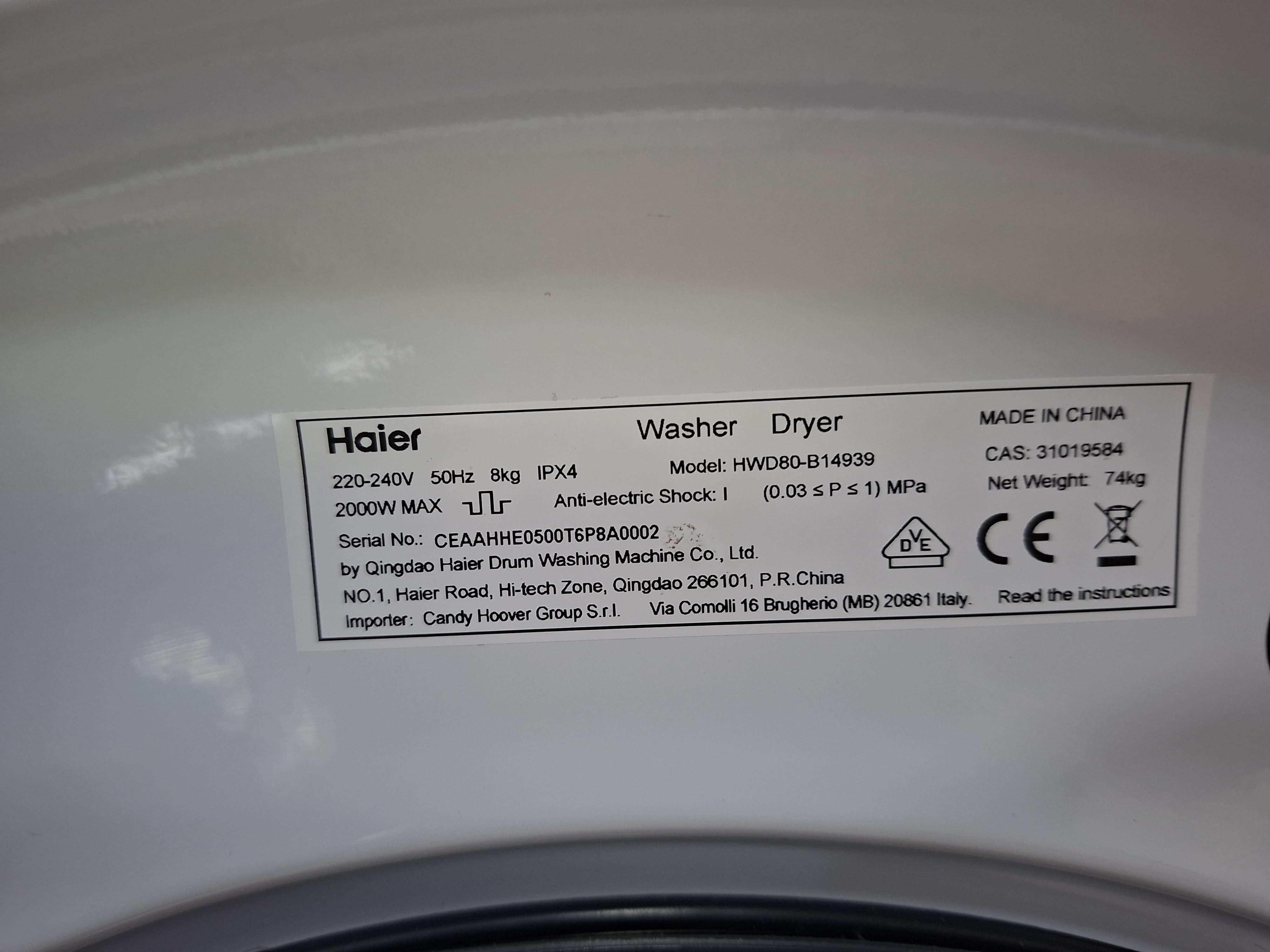 Mašina za Pranje i sušenje veša Haier HWD80-B14939, 8+5 kg.  