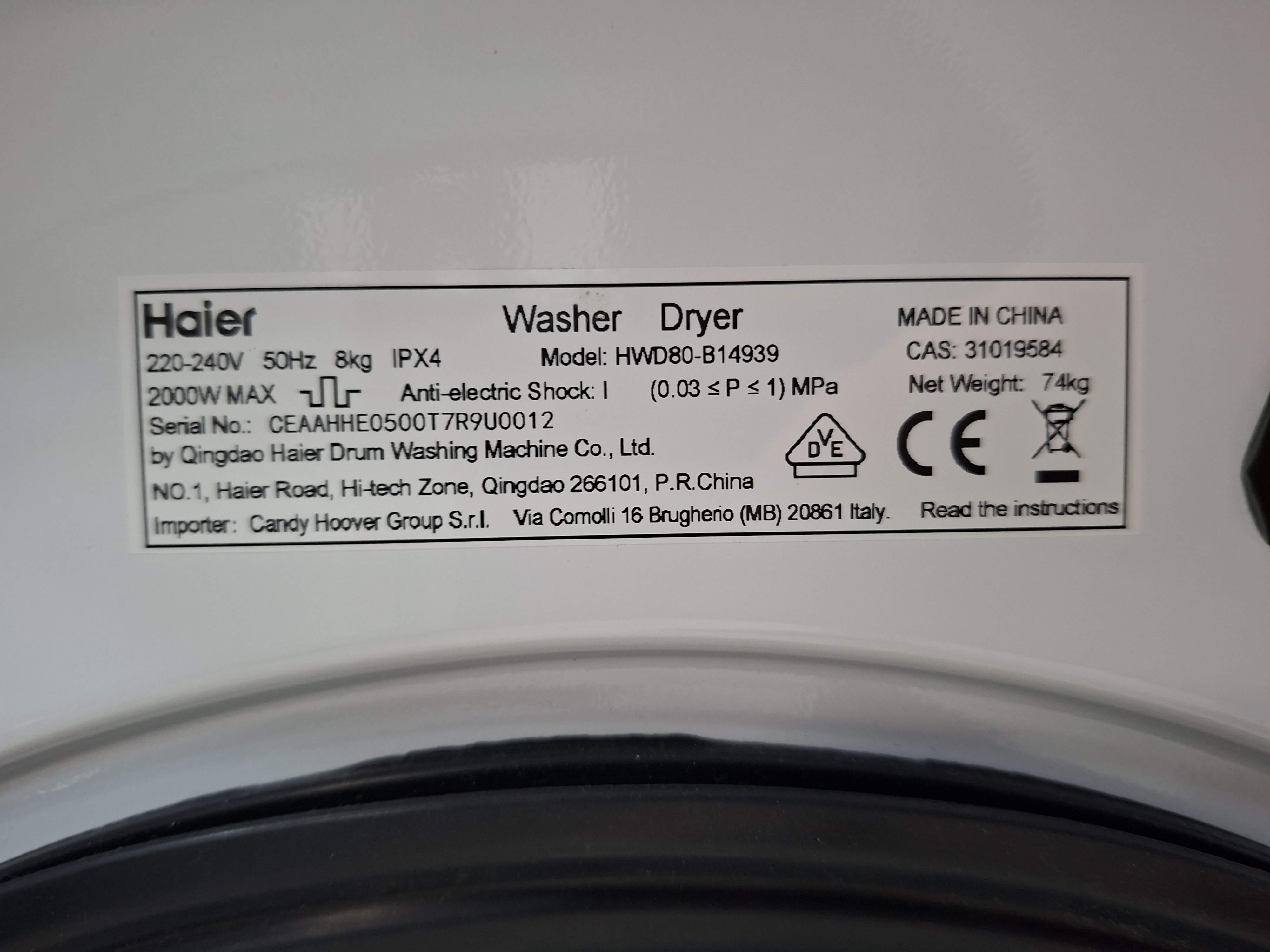 Mašina za Pranje i sušenje veša Haier HWD80-B14939, 8+5 kg.  