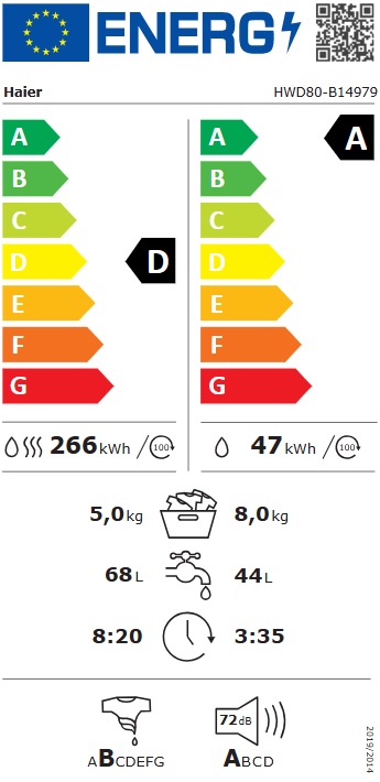 Mašina za Pranje i sušenje veša Haier HWD80-B14979, 8+5 kg.  