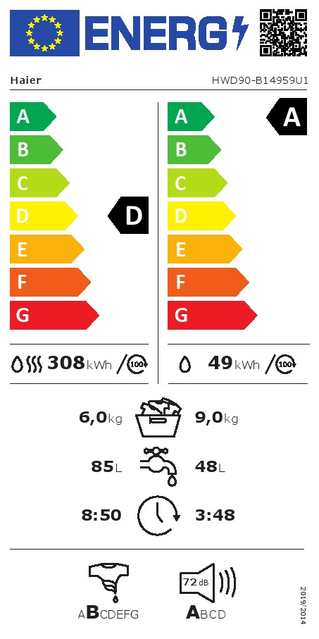 Mašina za pranje i sušenje veša Haier HWD90-B14959U1, 9+6 kg