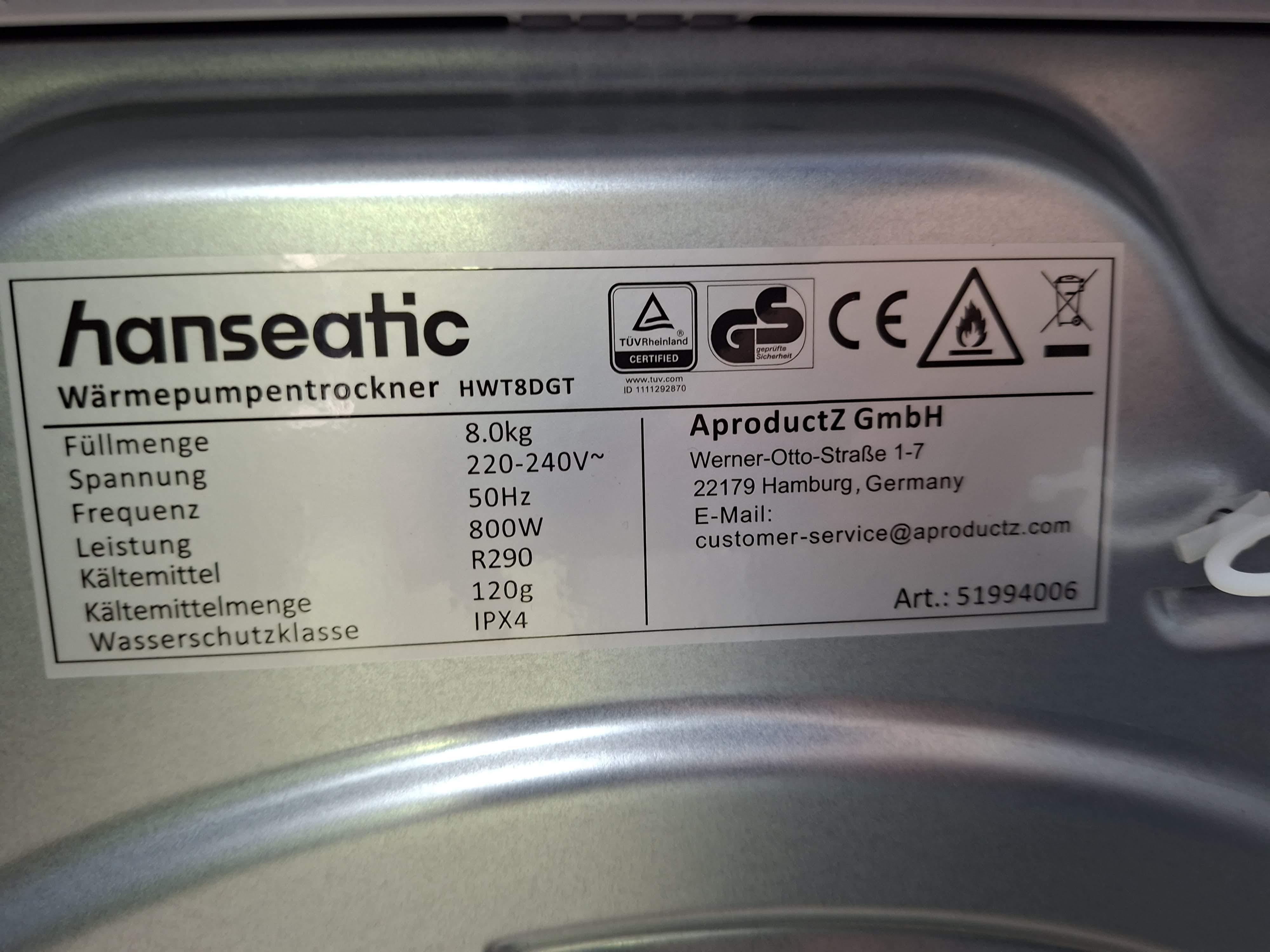 Mašina za sušenje veša Hanseatic HWT8DGT , 8 kg.