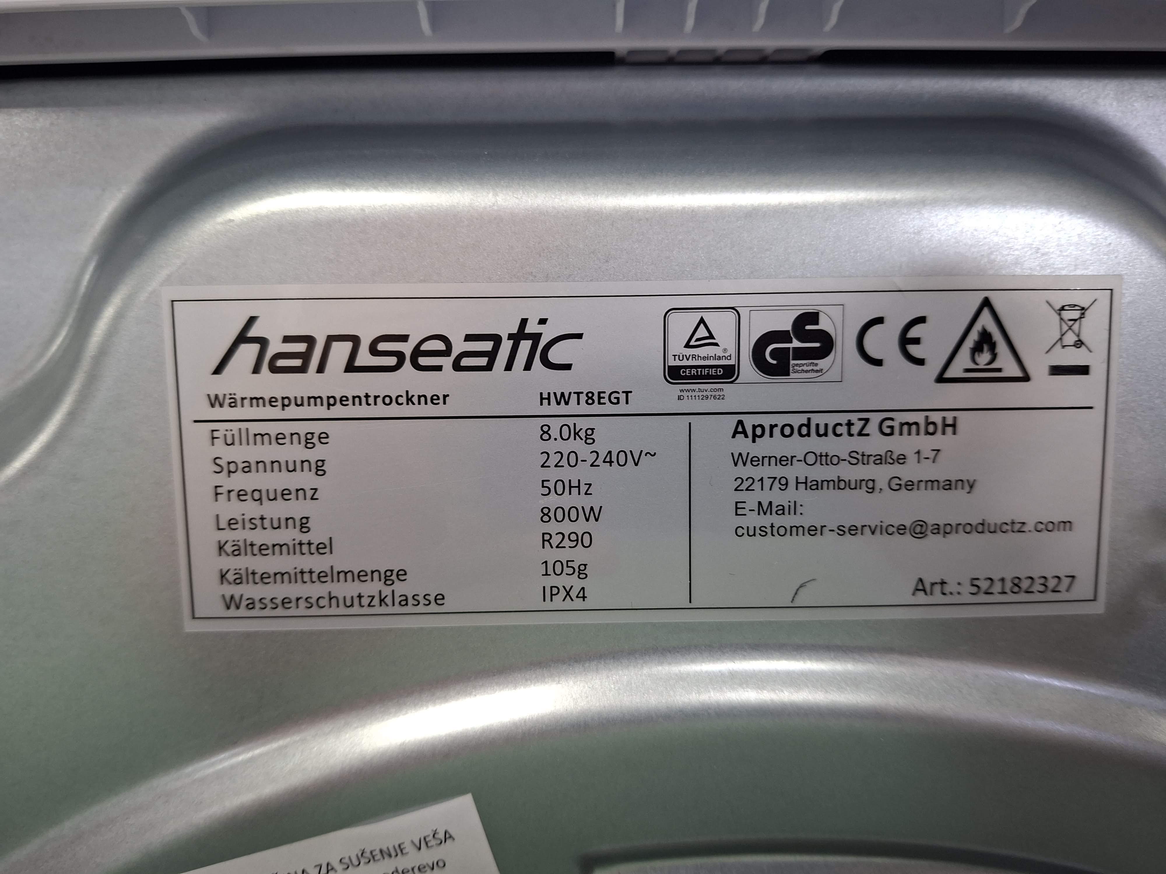 Mašina za sušenje veša Hanseatic HWT8EGT , 8 kg.