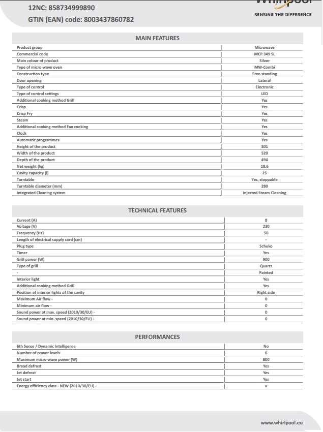 Mikrotalasna Whirlpool MCP 349 SL (2), 25 L