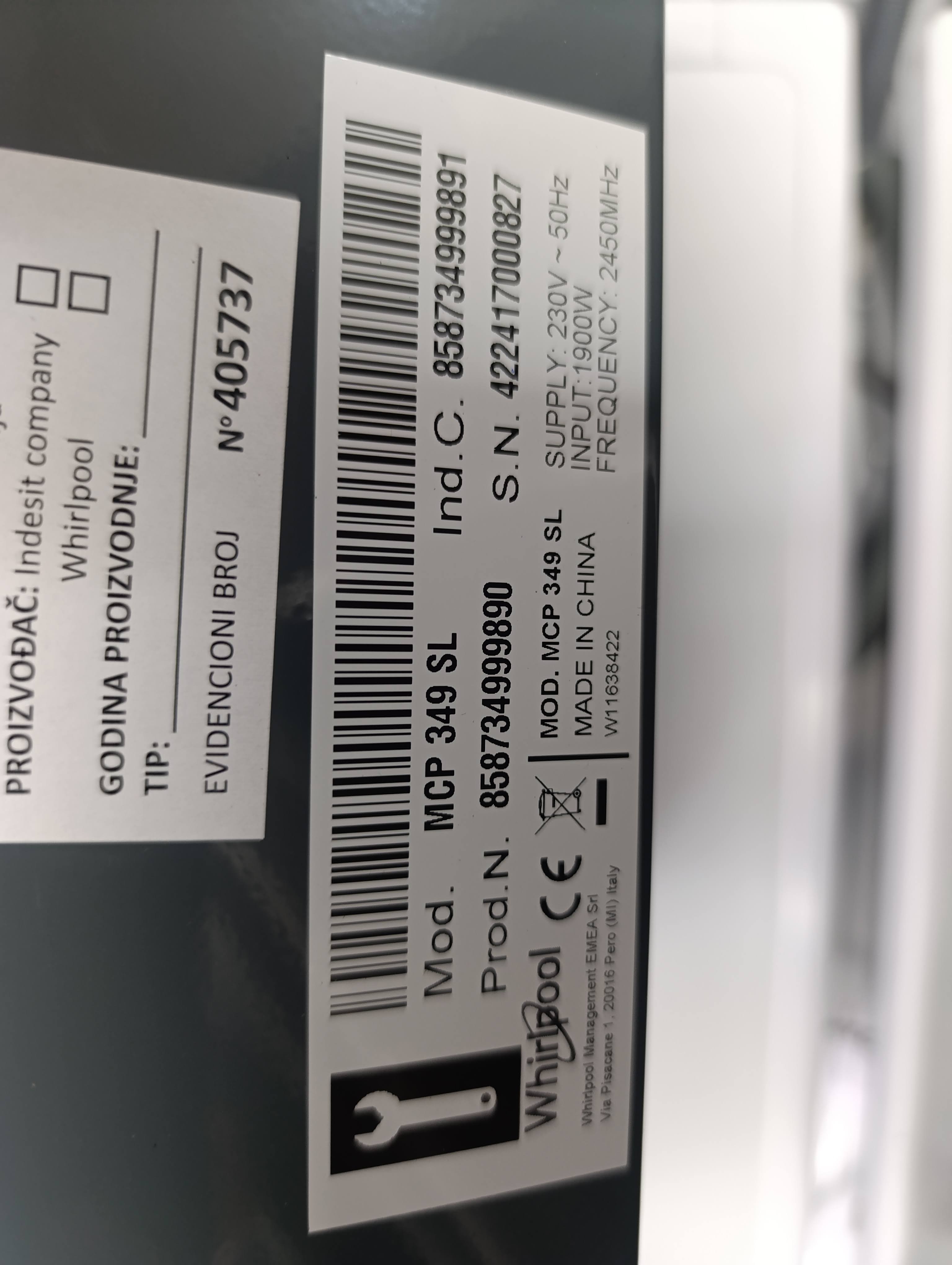 Mikrotalasna Whirlpool MCP 349 SL, 25 L