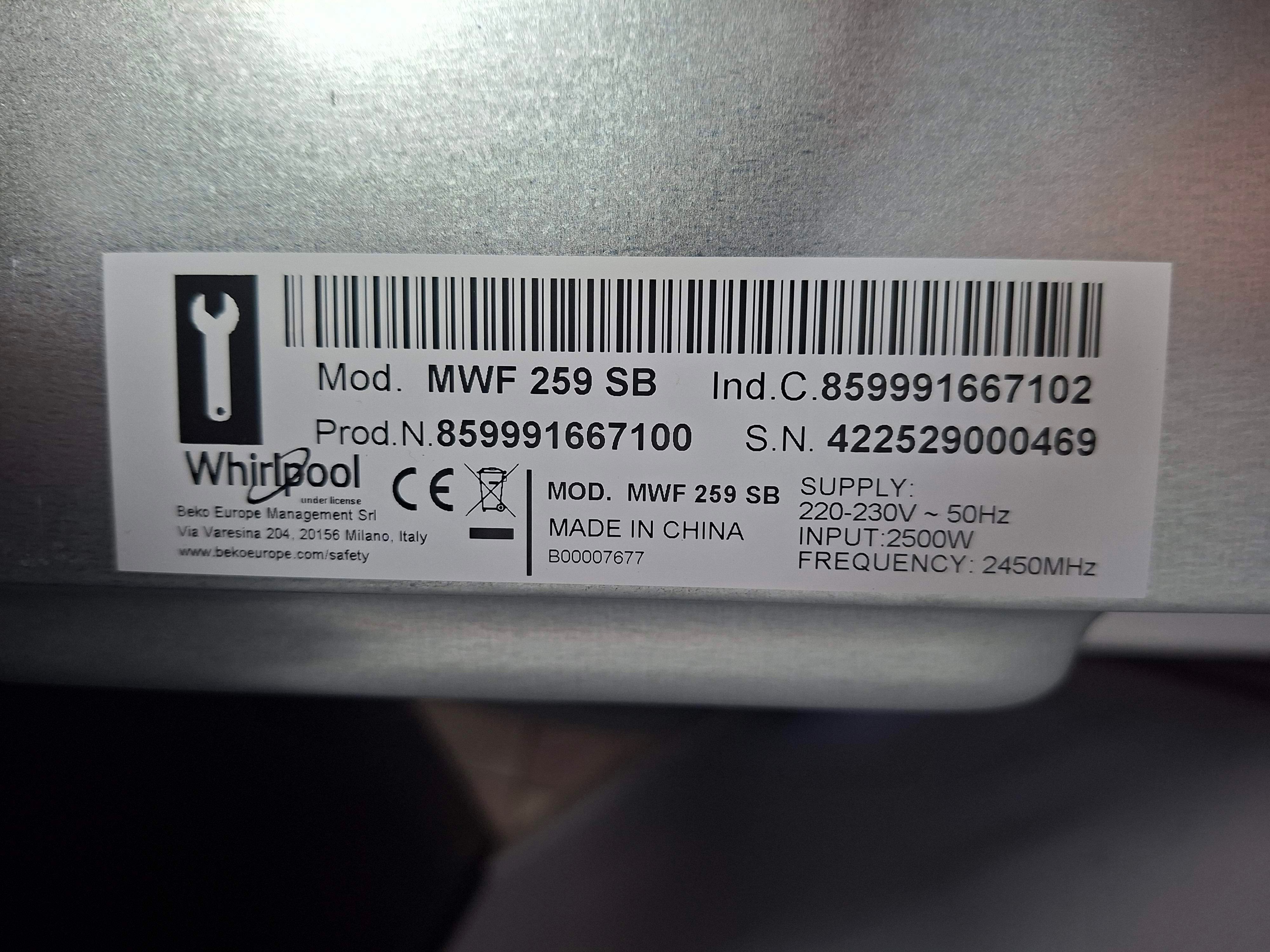 Mikrotalasna Whirlpool MWF 259 SB, 25L