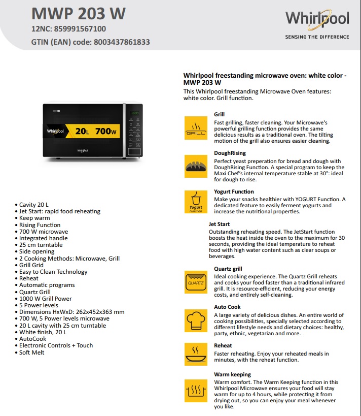 Mikrotalasna Whirlpool MWP 203 W , 20L