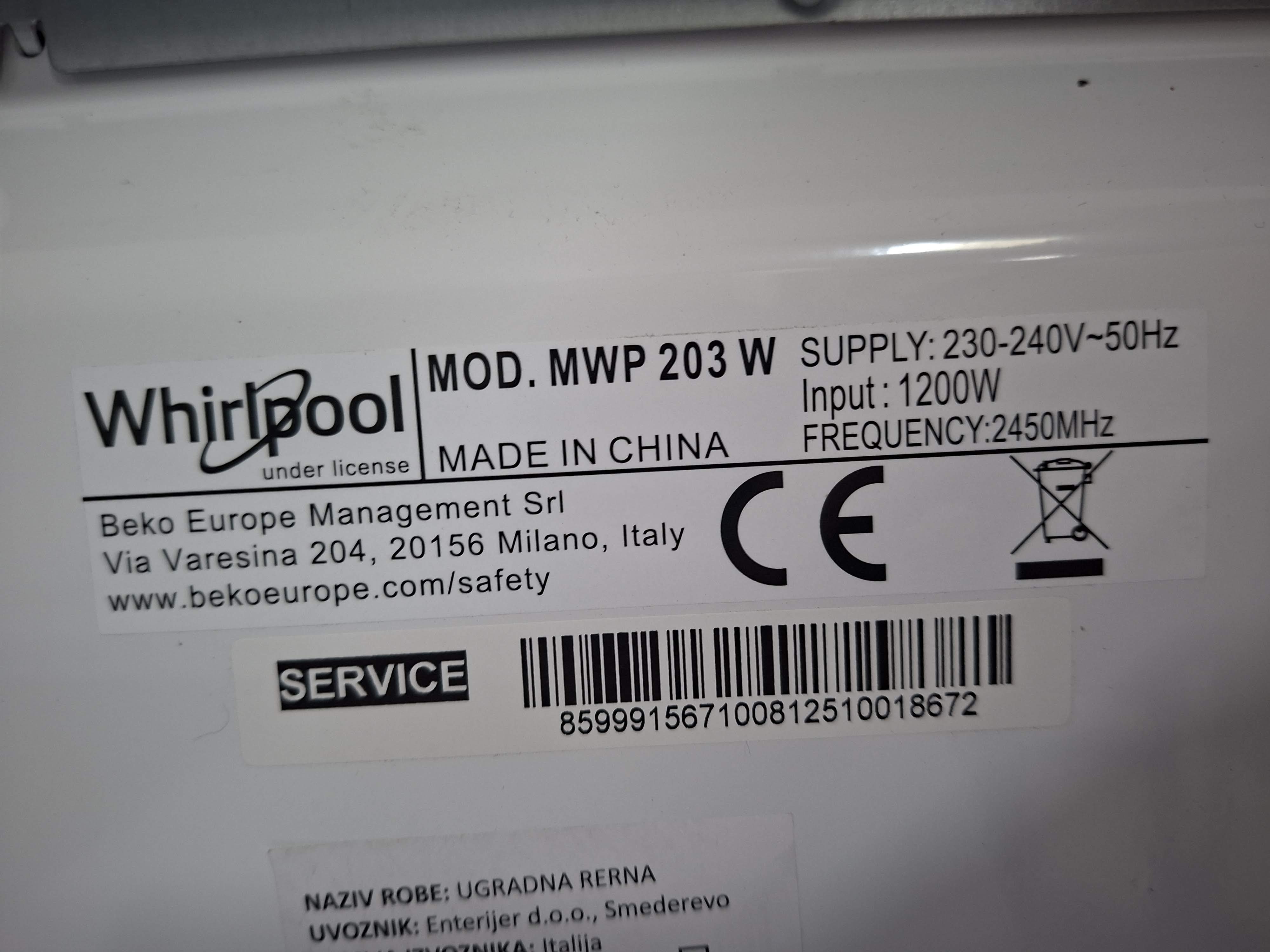 Mikrotalasna Whirlpool MWP 203 W , 20L
