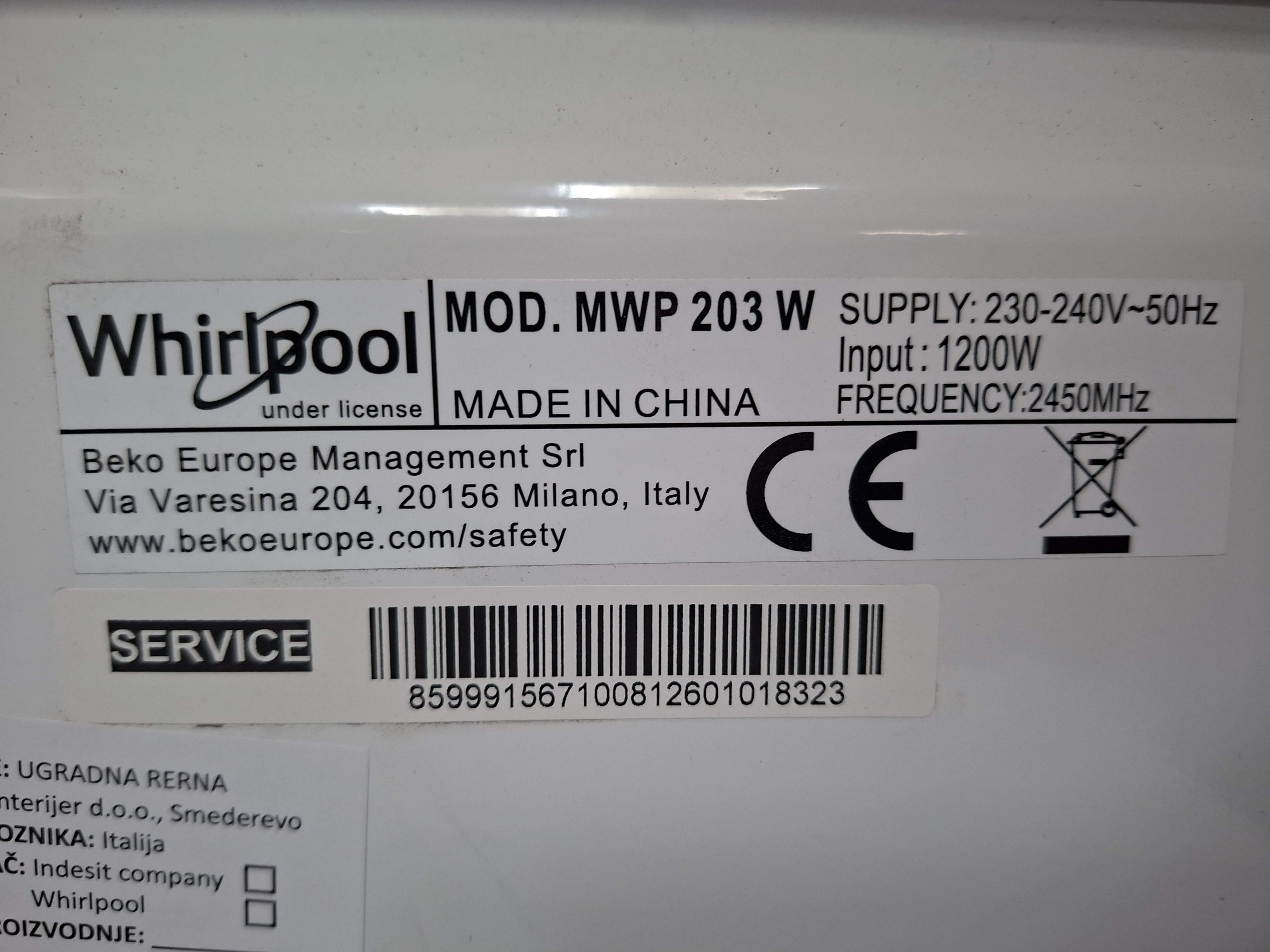 Mikrotalasna Whirlpool MWP 203 W , 20L