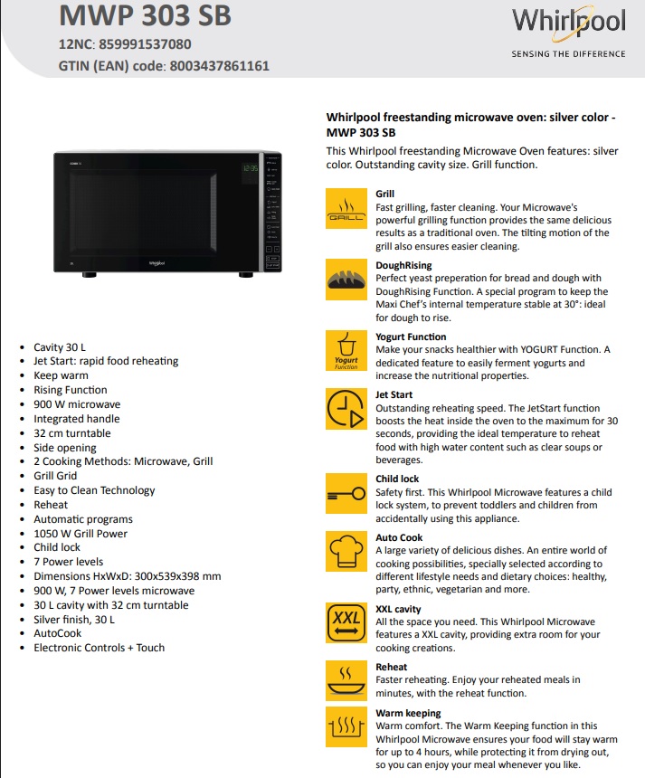 Mikrotalasna Whirlpool  MWP 303 SB, 30L