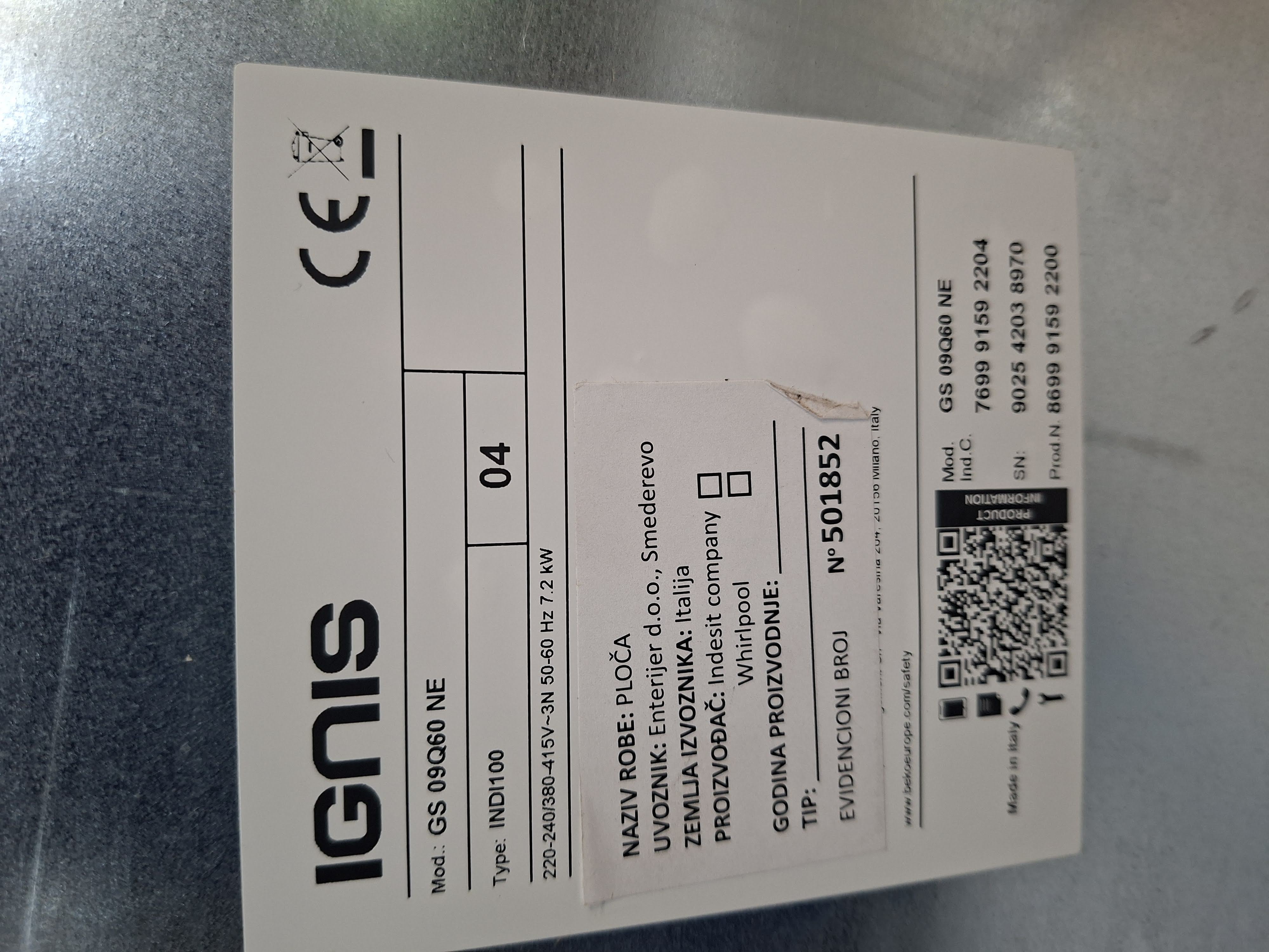Ugradna Indukciona ploča Ignis GS 09Q60 NE , 60 cm.