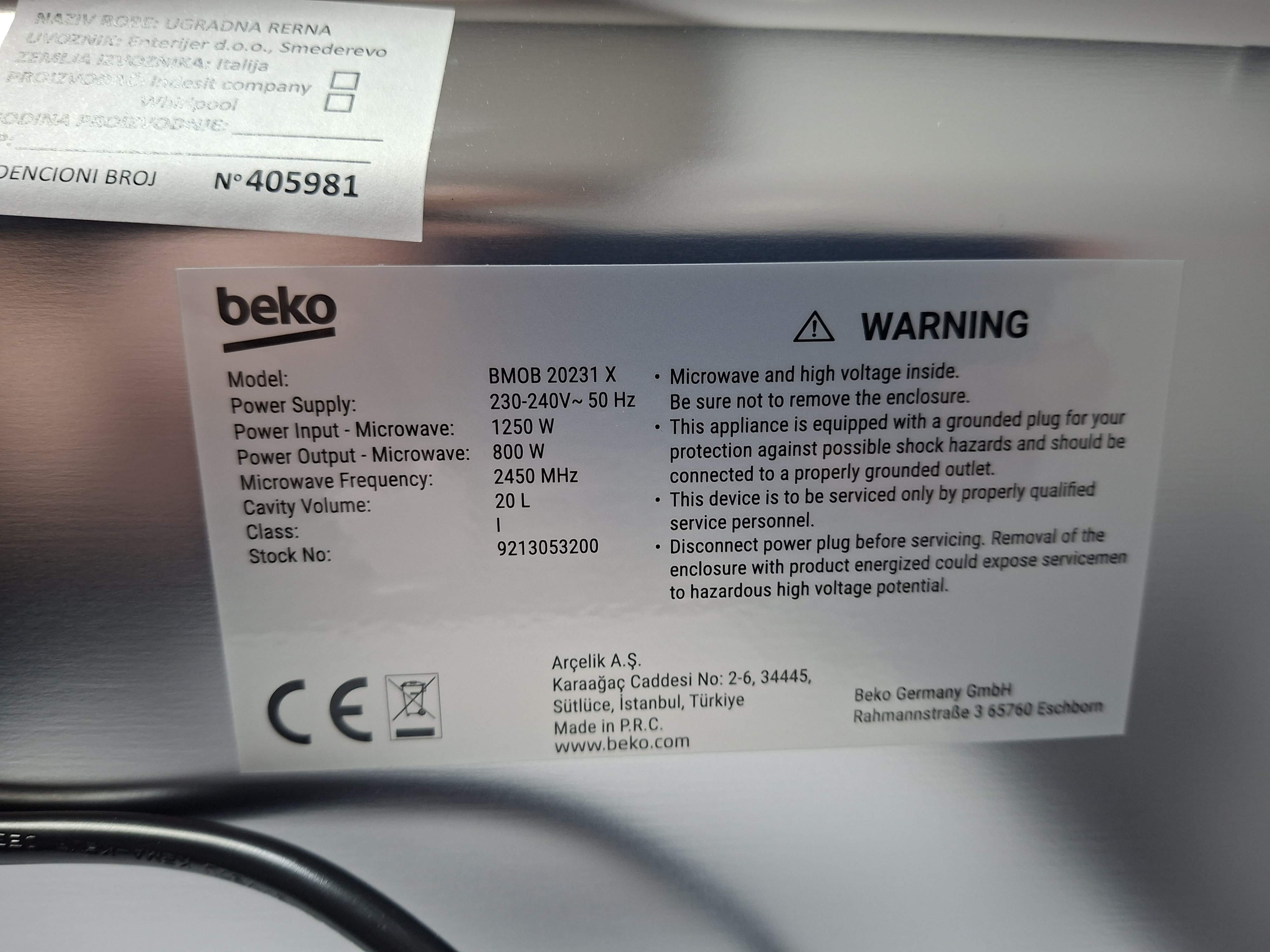 Ugradna Mikrotalasna Beko BMOB 20231 X , 20L