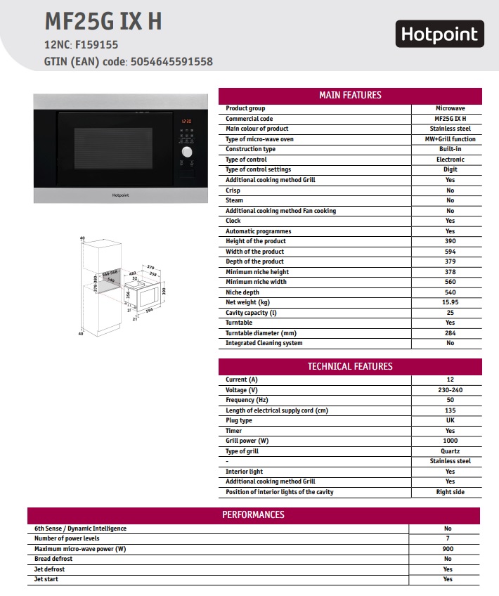 Ugradna mikrotalasna Hotpoint Ariston MF25G IX HA, 20 l