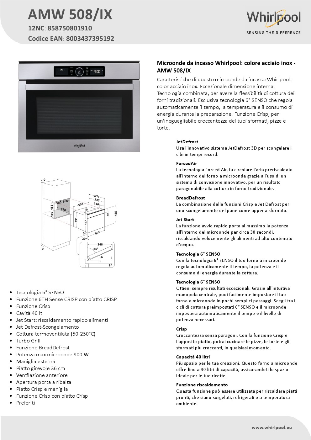 Ugradna mikrotalasna Whirlpool AMW 508/IX , 40l