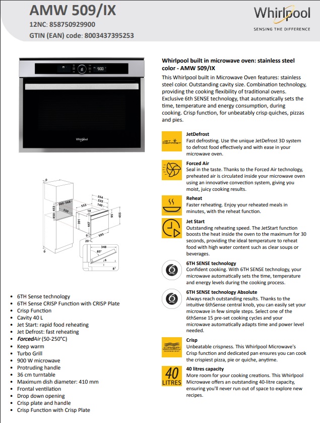 Ugradna mikrotalasna Whirlpool AMW 509/IX , 40l