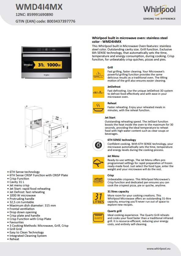 Ugradna Mikrotalasna Whirlpool  WMD4I4MX, 40L
