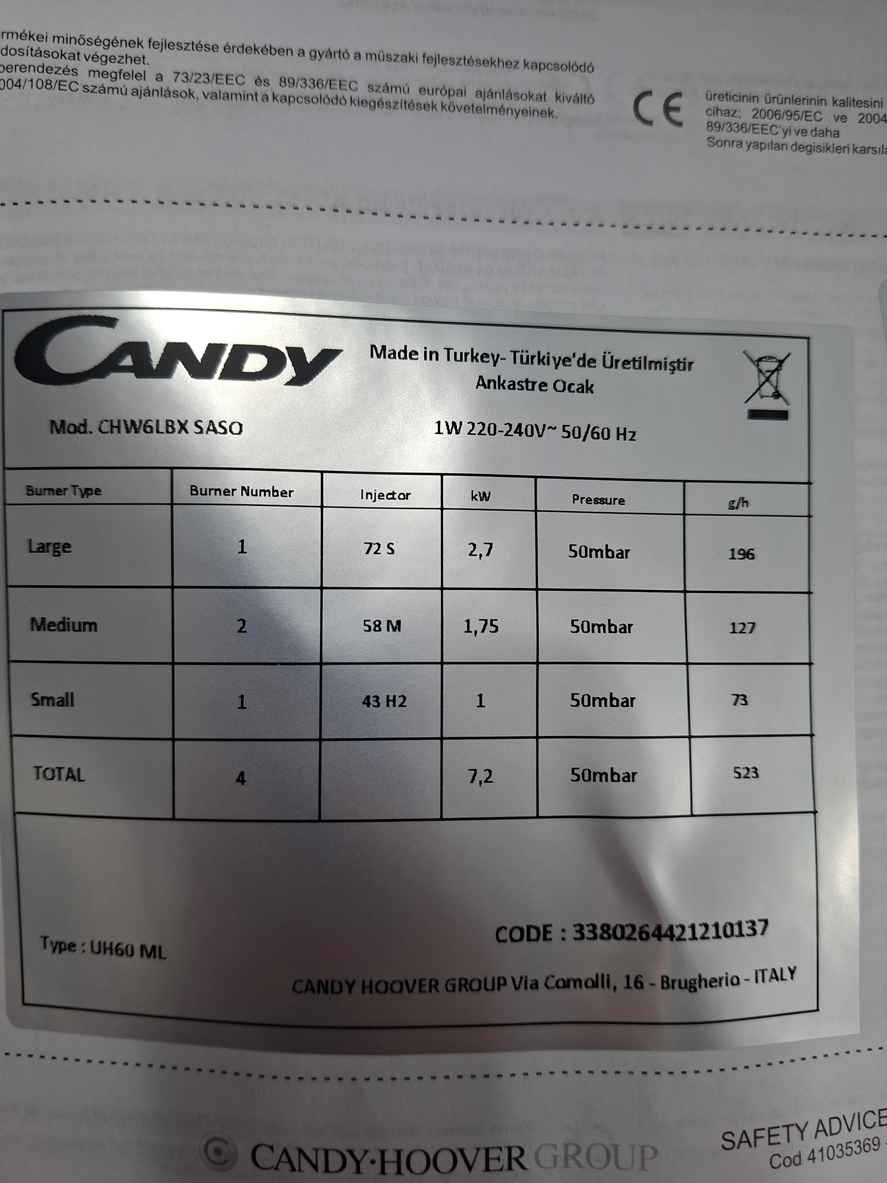 Ugradna Plinska Ploca Candy CHW6LBX , 60 cm.