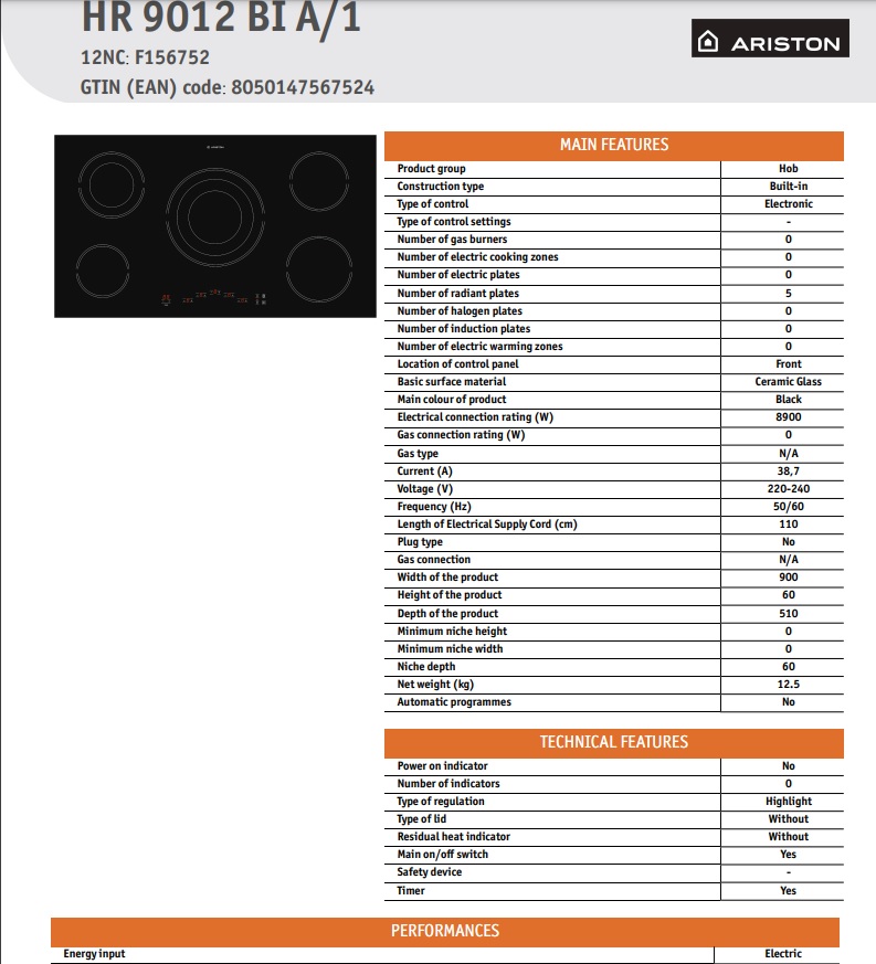 Ugradna ploča Ariston HR 90123BI A/1, 90cm