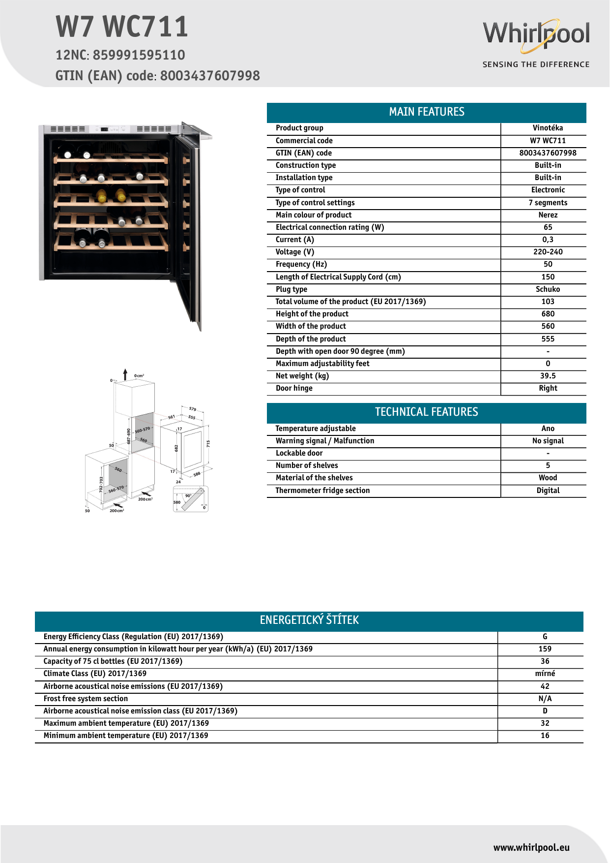 Ugradna vitrina za vino Whirlpool  W7 WC711 0 , 36 boca