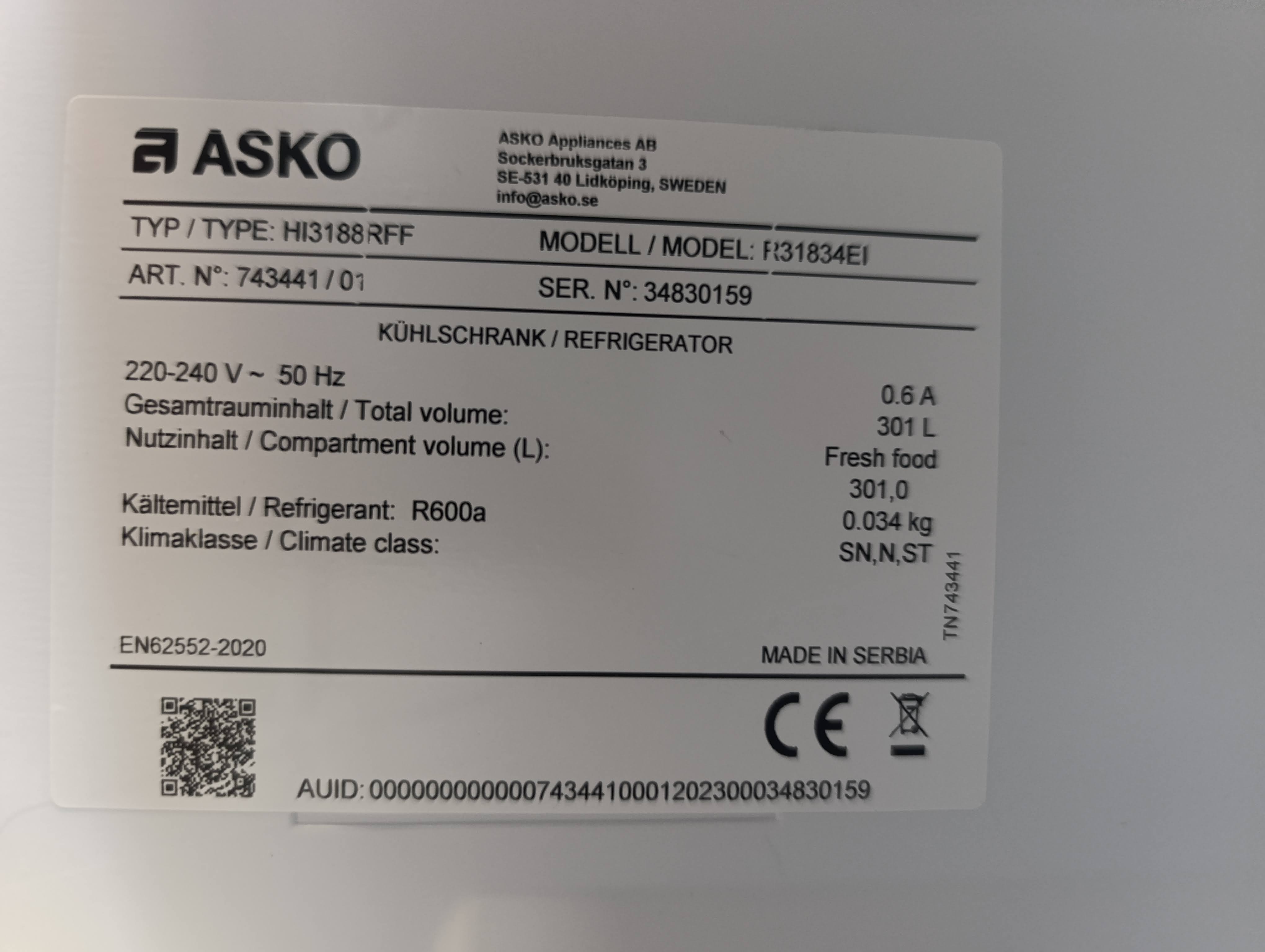 Ugradni frižider Asko R31834EI, 177cm