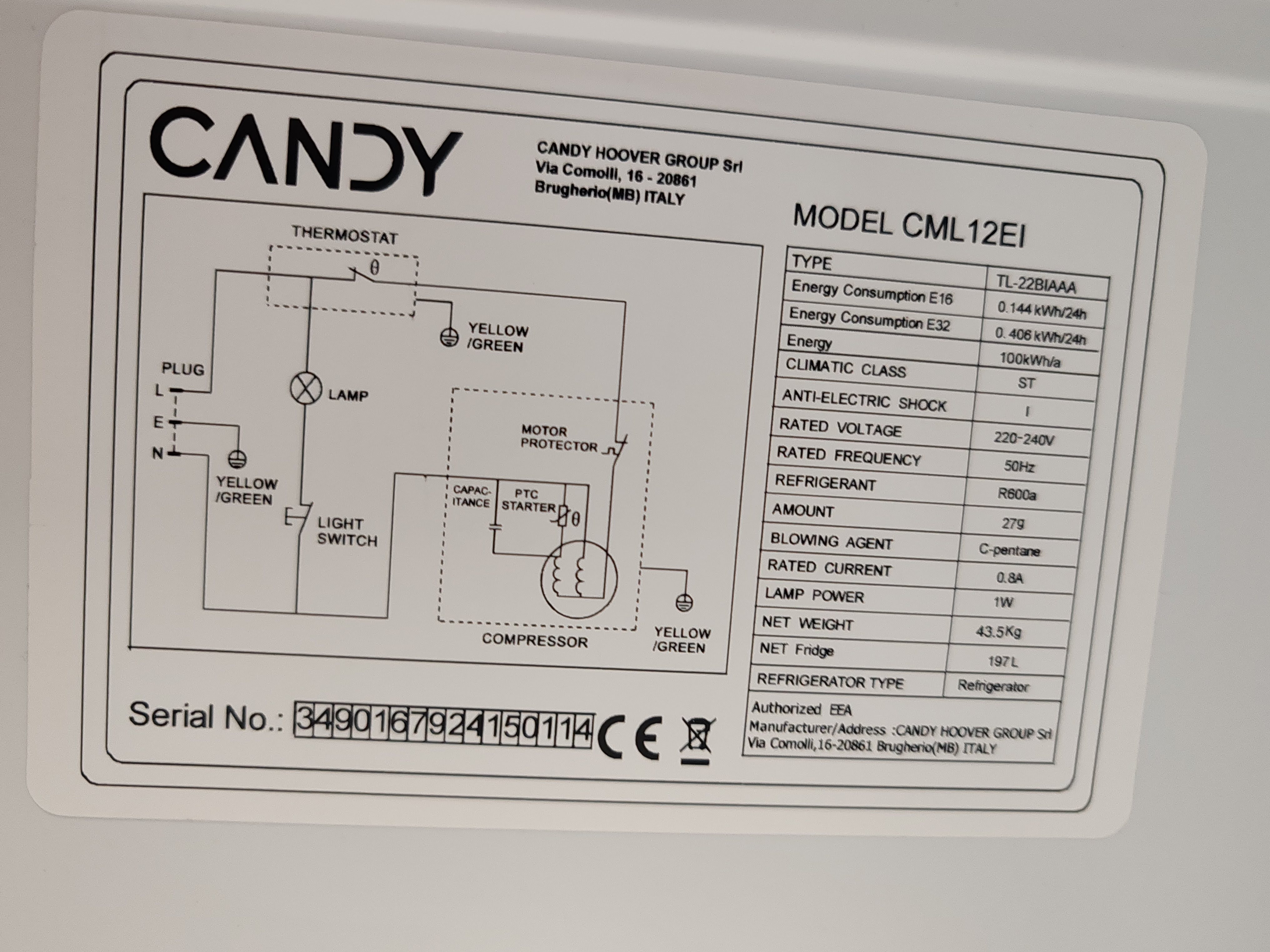 Ugradni frižider Candy CML12EI, 122 cm